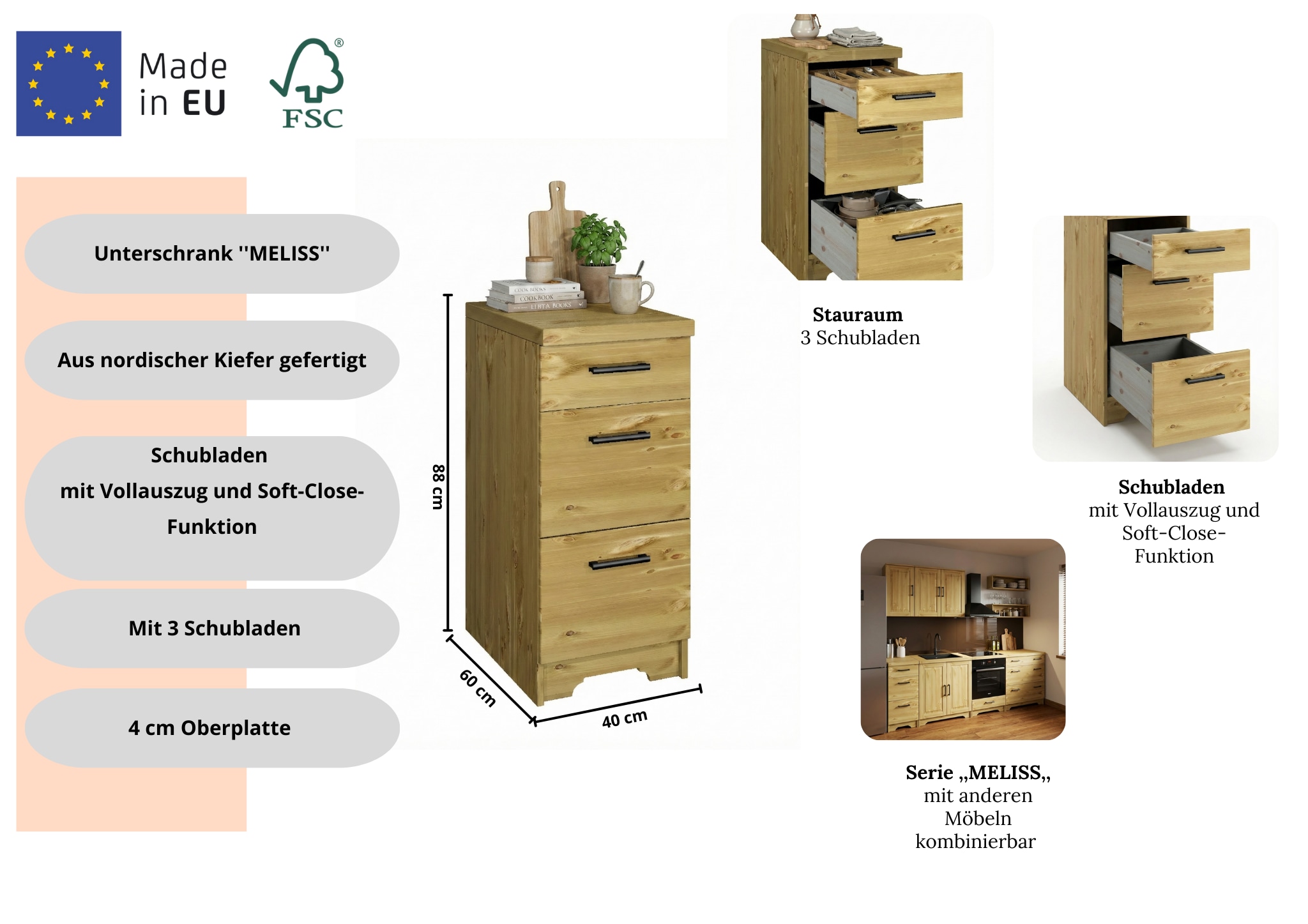 Home affaire Unterschrank »Meliss« aus massiver Kiefer, Breite 40 cm, Soft-Close-Funktion