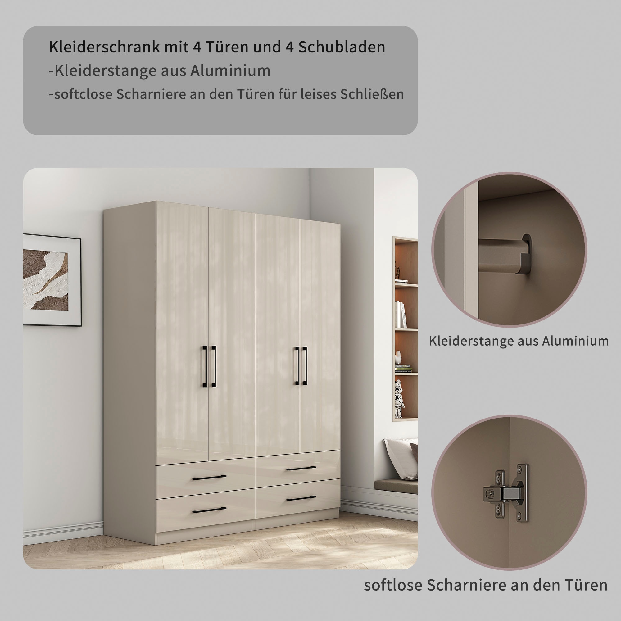 OTTO home Kleiderschrank »Sylt Schlafzimmerschrank Bestseller mit hochglänzenden Fronten« Drehtürenschrank mit 4 Schubladen und 4 Türen,  Schrank in Breite 160 mit viel Stauraum