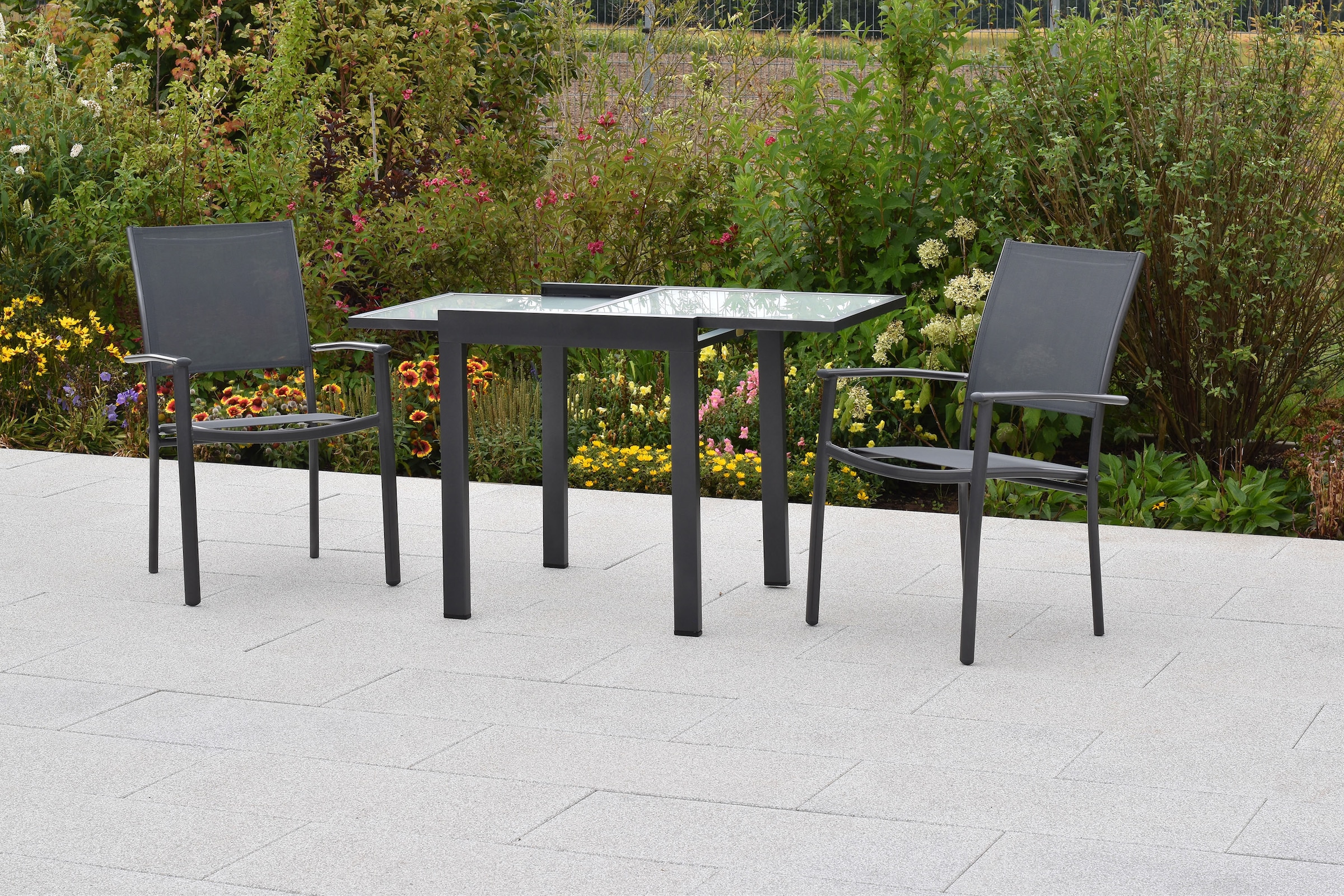 MERXX Balkonset »»Milano«« Set, 3 Stk. tlg. Sessel stapelbar, matte Glasplatte
