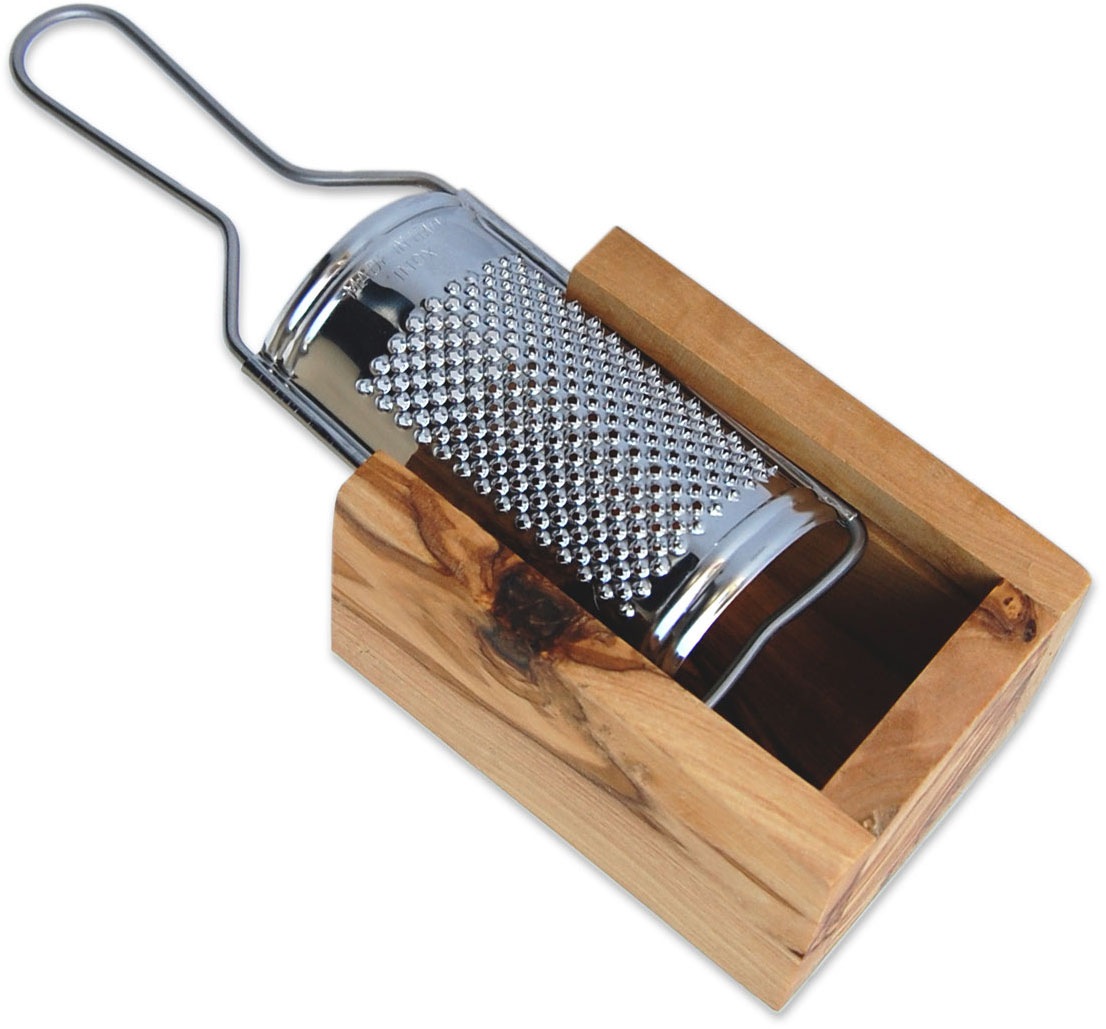 Olivenholz-erleben Käsereibe »für Hartkäse und Muskat, aus Edelstahl mit Olivenholzbox«, (Set, 2 St., Metallreibe Edelstahl mit Auffangbox aus Olivenholz), Metallreibe aus Edelstahl, Auffangbox aus Olivenholz, auch für Muskat