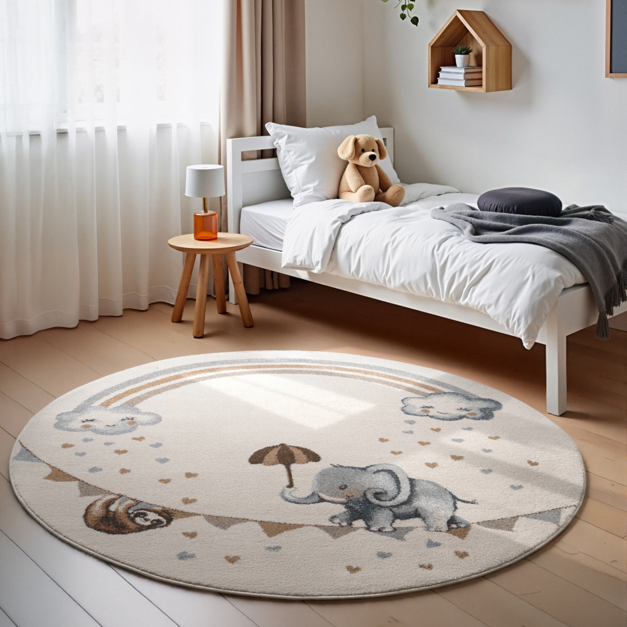 THE RUGS Villeroy & Boch Elephant Rainbow Boho Rug & Runner Kids Rug in Cream | Size: 160cm diameter