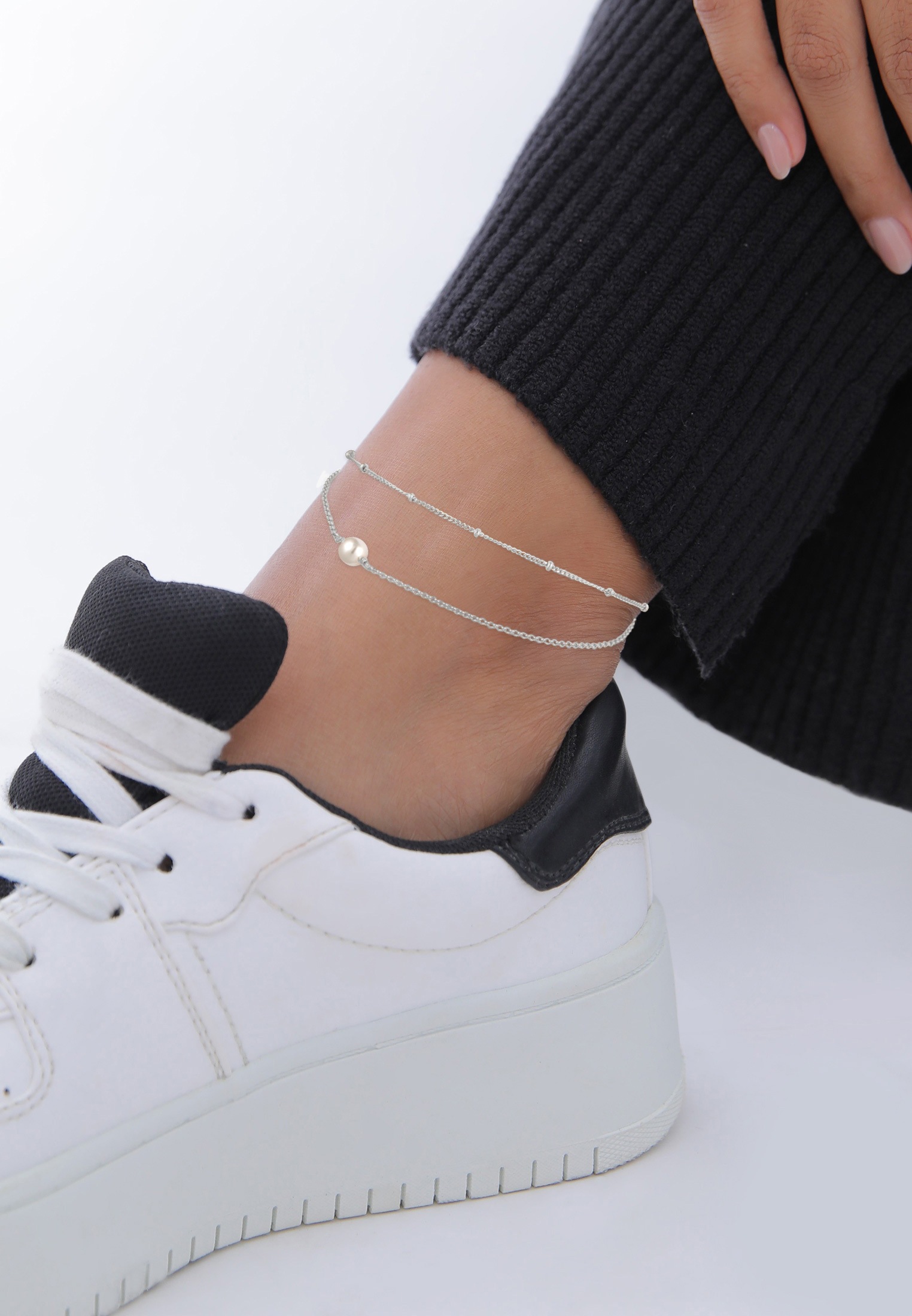 Elli Fußkette »Fußschmuck Muschelkernperle Kugelkette Layer 925 Silber«