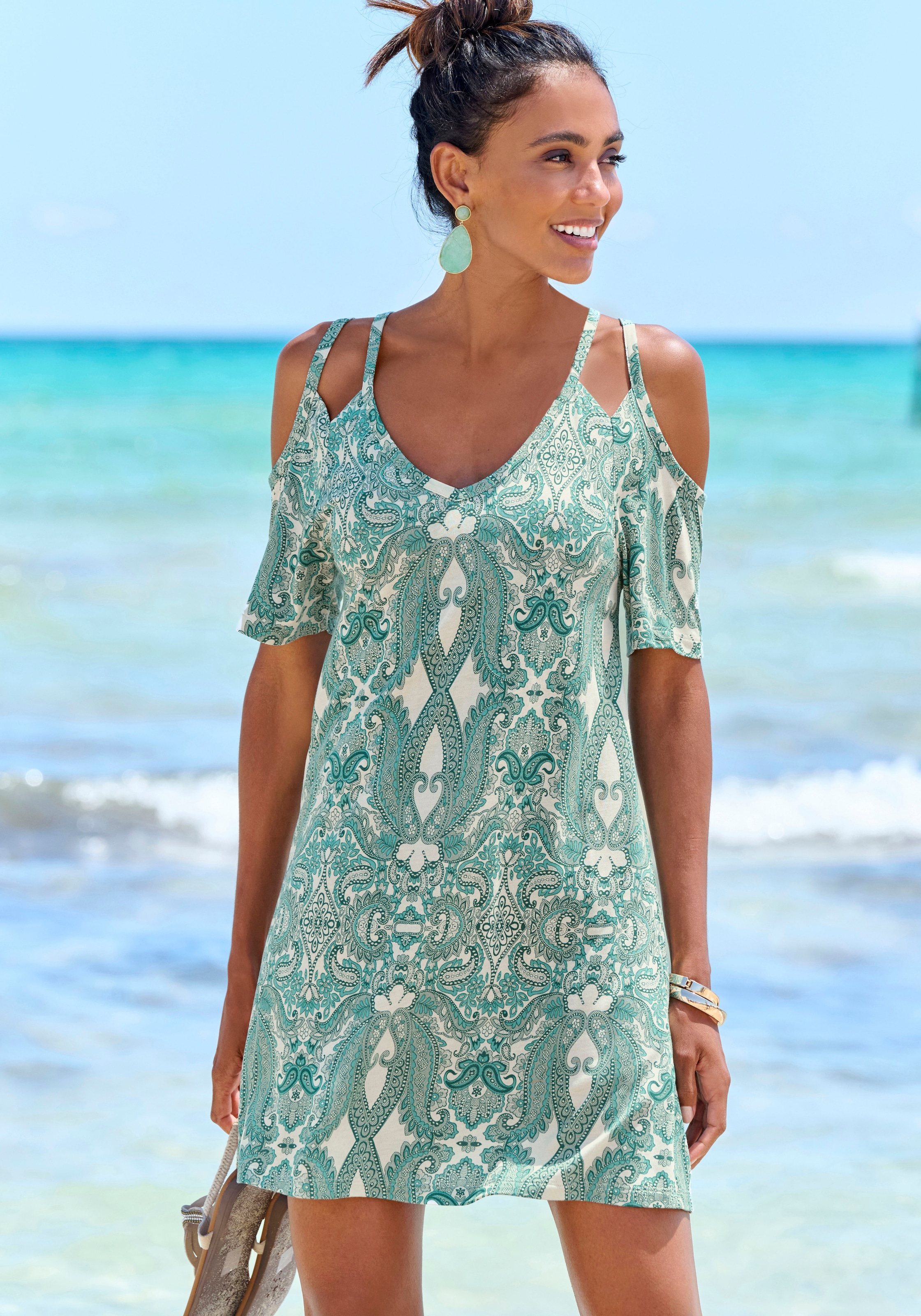 Longshirt, mit Trägerdetails, Strandkleid im Alloverdruck, luftiges Sommerkleid