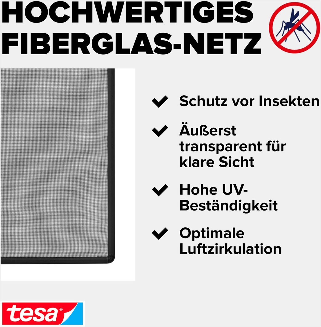 tesa Insektenschutz-Fensterrahmen »Anklips-Rahmen Fliegengitter für Fenster, Anthrazit (Durchsichtig)« Packung, inkl. Fiberglas-Netz in Anthrazit, Rahmen und Halteklip-Lösung, 1 Stk. tlg. INSECT STOP Netz aus Fiberglas, selbstklebende Halte-Klips
