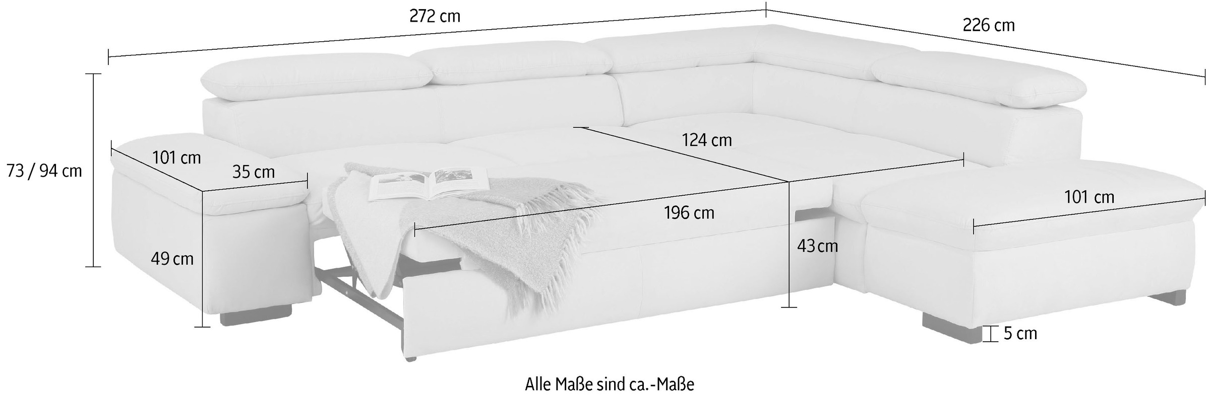 Home affaire Ecksofa »Alberto L-Form«, mit Kopfteilverstellung, wahlweise mit Bettfunktion