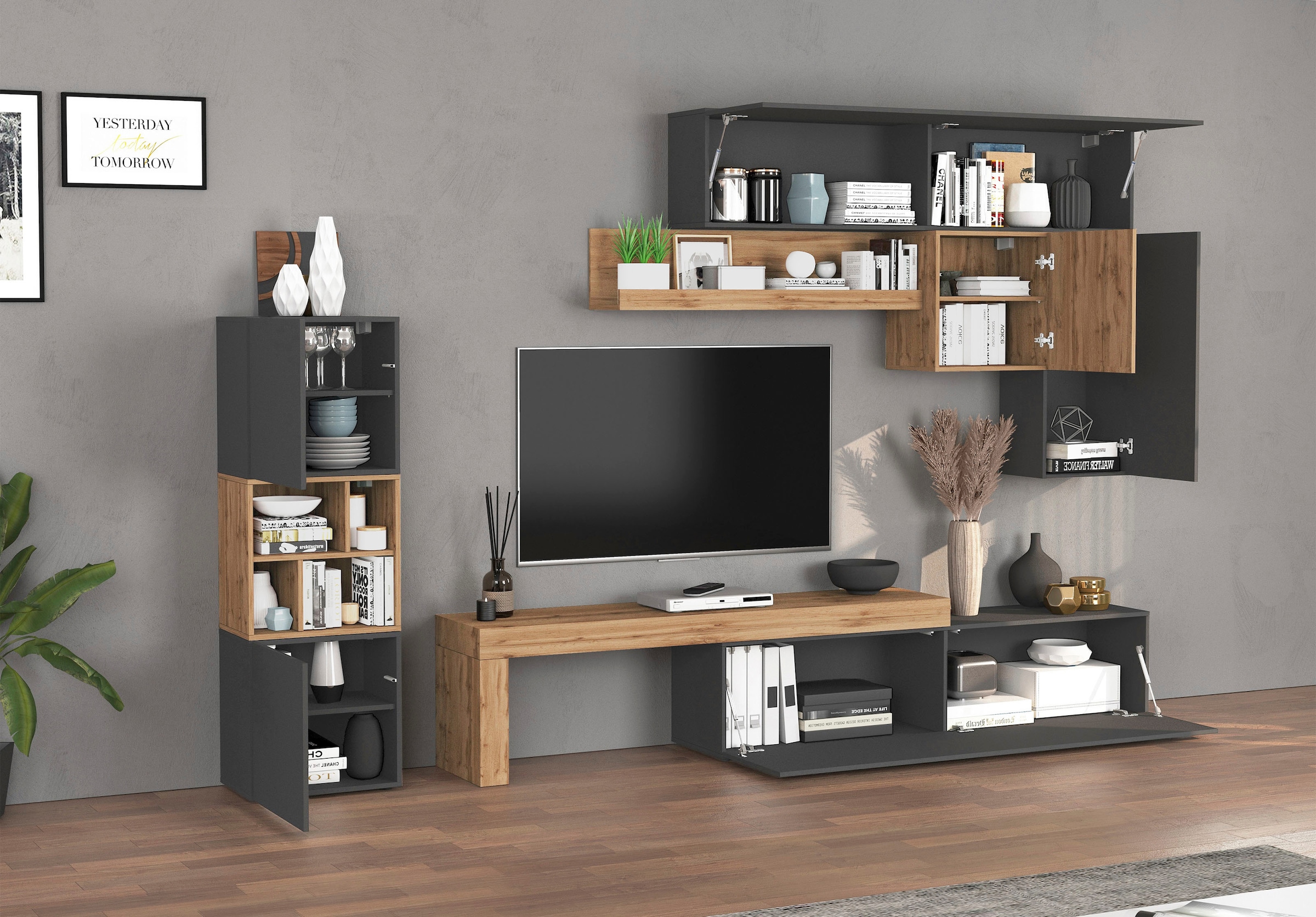 INOSIGN Wohnwand »Chronos Wohnwand, Medienwand, 8-er set«, (Set, 8 St.), ca. 320 cm mit Hängeschränke, Würfel, Regal, Lowboard, Made in Italy