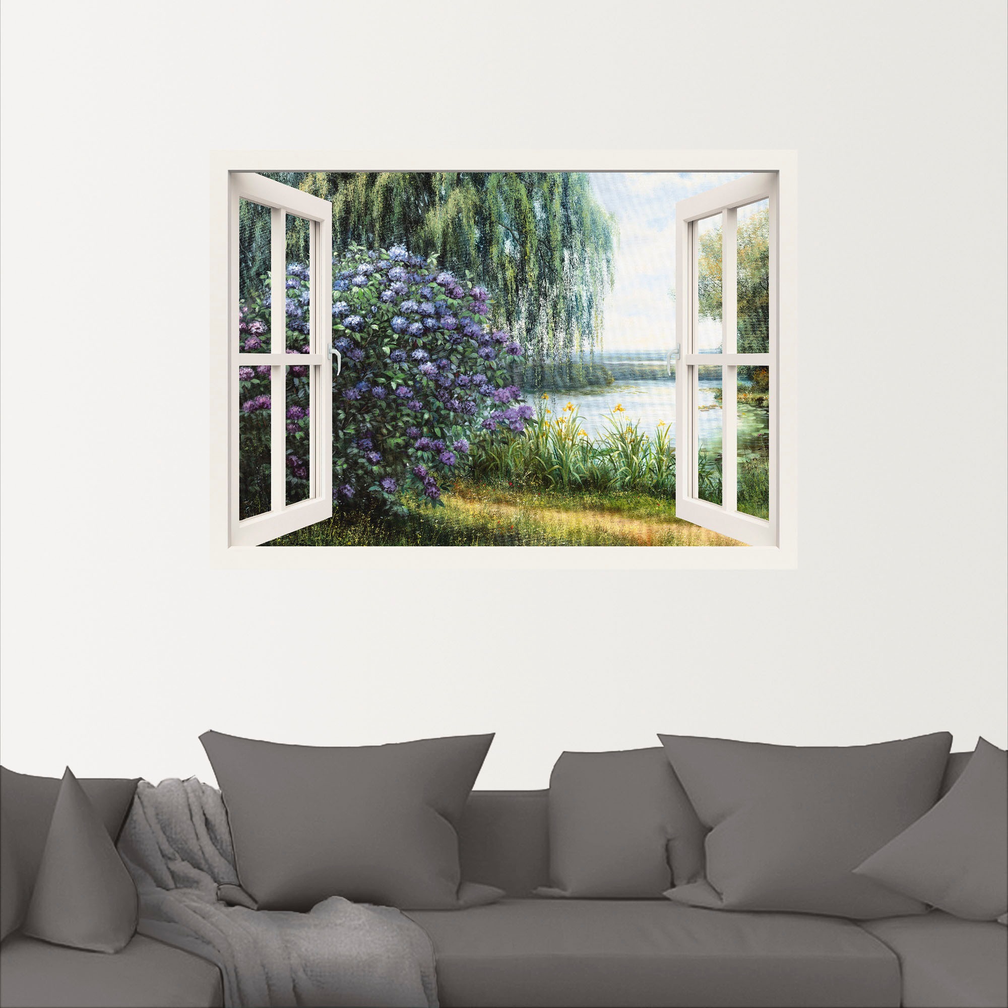 Artland Wandbild »Hortensien am See«, Fensterblick, (1 St.), als Leinwandbild, Poster, Wandaufkleber in verschied. Größen