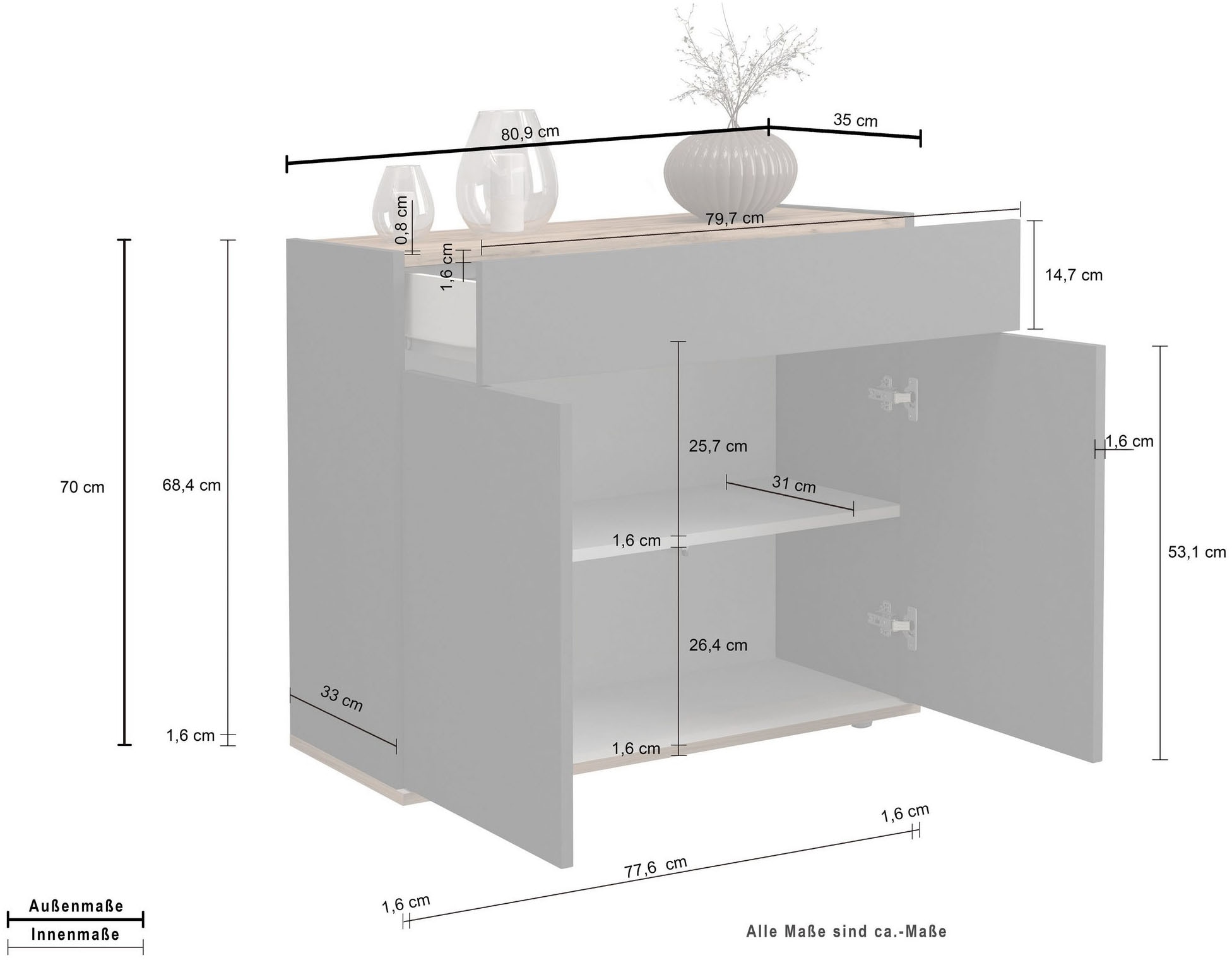 OTTO home Sideboard »Garda, Kommode, Schrank, 2 Türen, 1 Schublade, Made in Italy« Hochglanzlackierte Fronten, Korpus matt, grifflos, Breite 80,9 cm