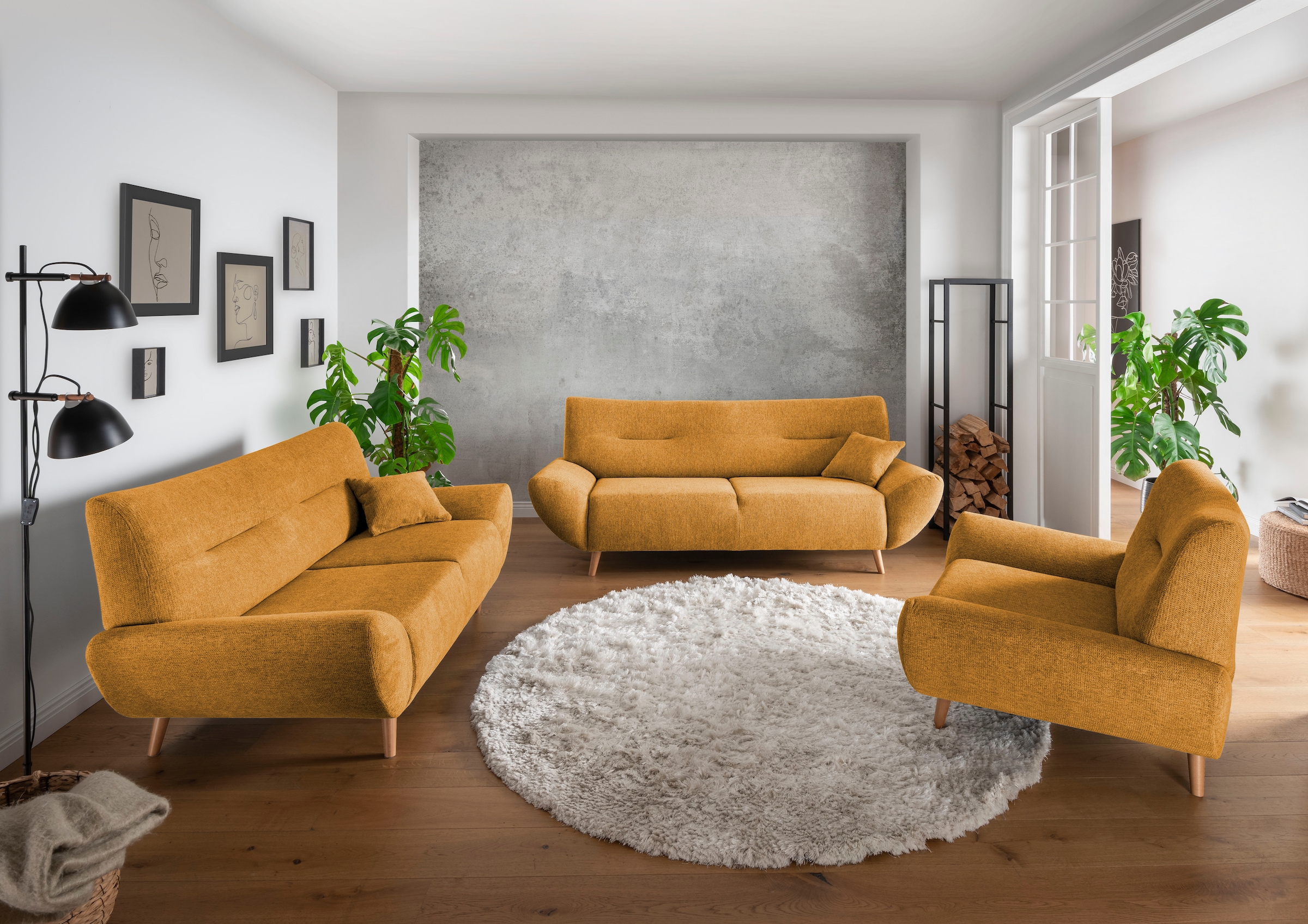 INOSIGN 3-Sitzer »Drago, elegant und zeitlos, komfortabel, mit Holzfuß« frei im Raum stellbar, inkl. 1 Zierkissen