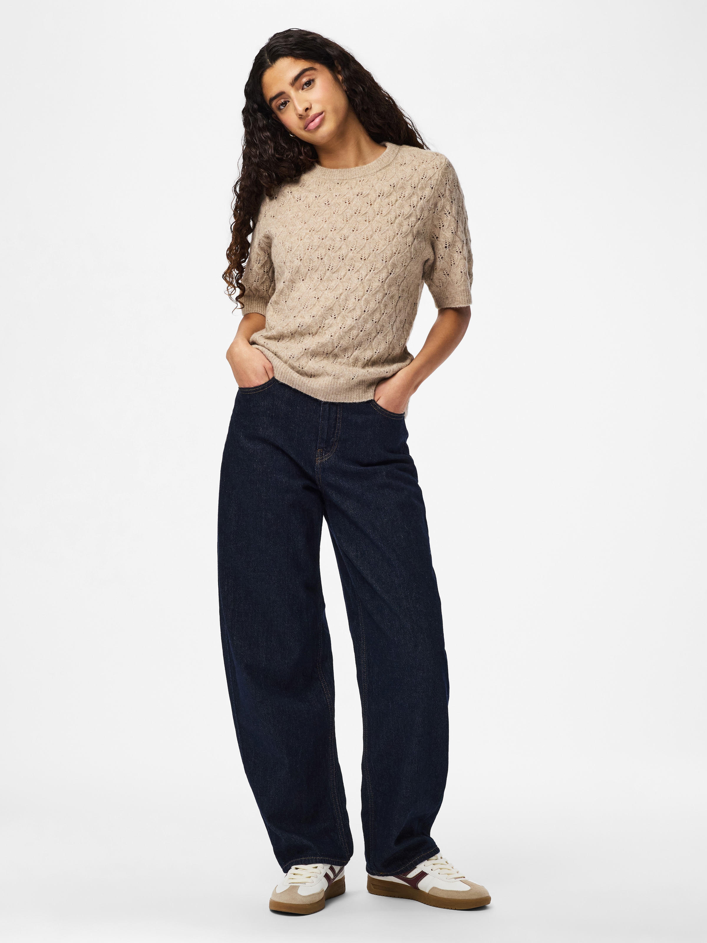 pieces Strickpullover »PCLELOU SS O-NECK KNIT NOOS BC« mit Ajourmuster