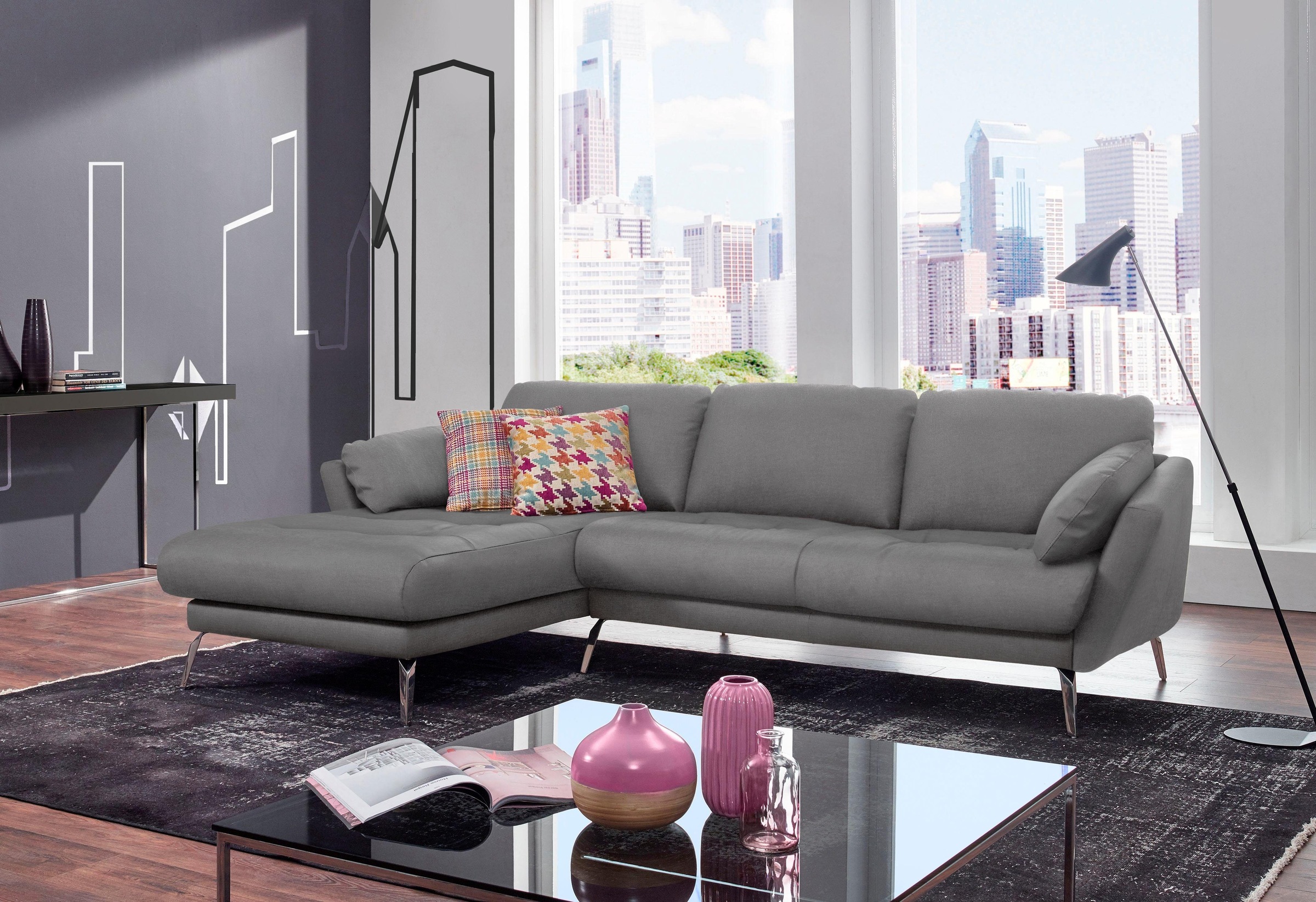W.SCHILLIG Ecksofa »softy, Designsofa, zeitlos und elegant, hoher Sitzkomfort, L-Form«, mit dekorativer Heftung im Sitz, Füße Chrom glänzend