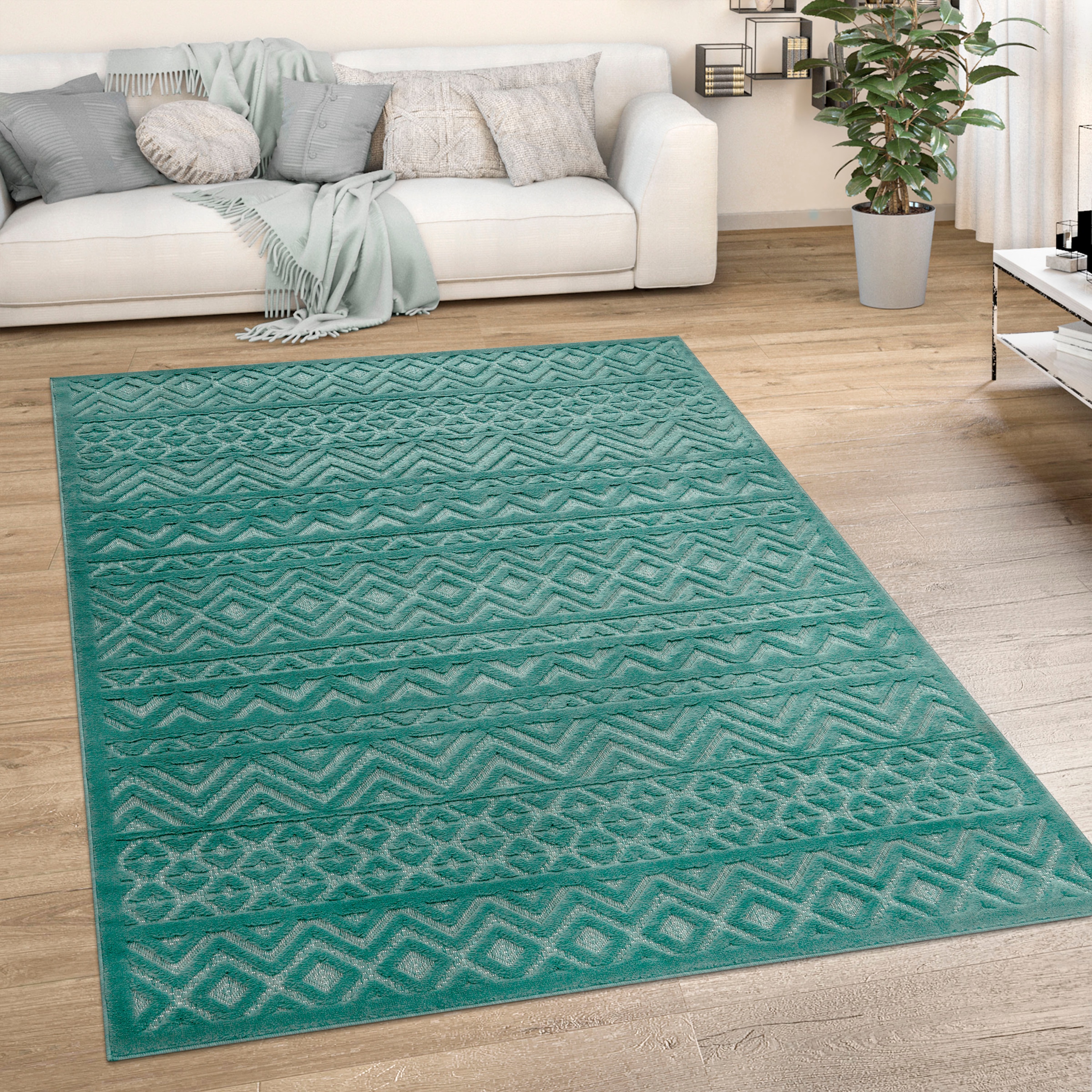 Paco Home Teppich Rauten geeignet Scandi, rechteckig, Uni-Farben, 673«, Outdoor Effekt, Hoch-Tief »Livorno Muster