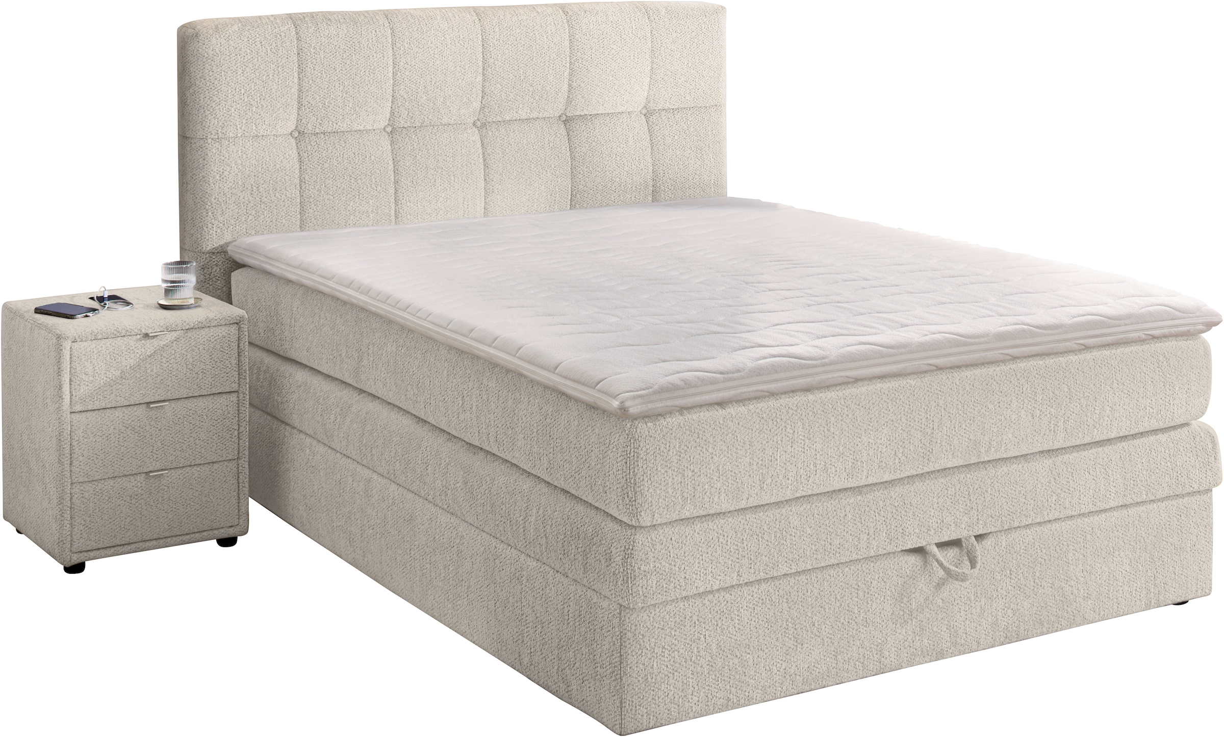 Jockenhöfer Gruppe Boxspringbett »AMY mit Bettkasten, inkl. Bonnell- oder Taschenfederkernmatratze H2-H4« mit 6 cm Kaltschaum-Topper, Chenille-Bezug, 120x200 und 140x200 cm