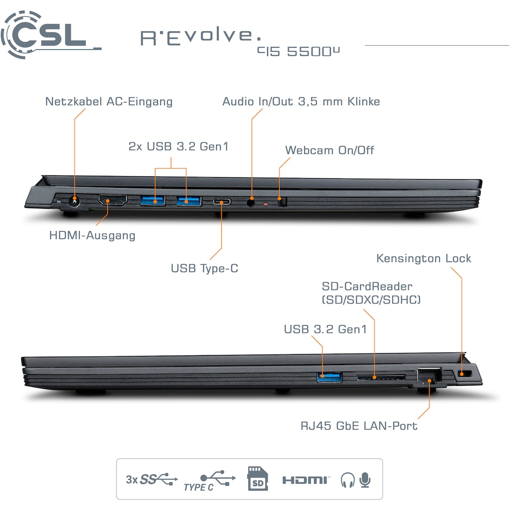 CSL Notebook »R'Evolve C15 5500U / 32GB / 1000GB / Windows 11 Home«, 39,6 cm, / 15,6 Zoll, 1000 GB SSD