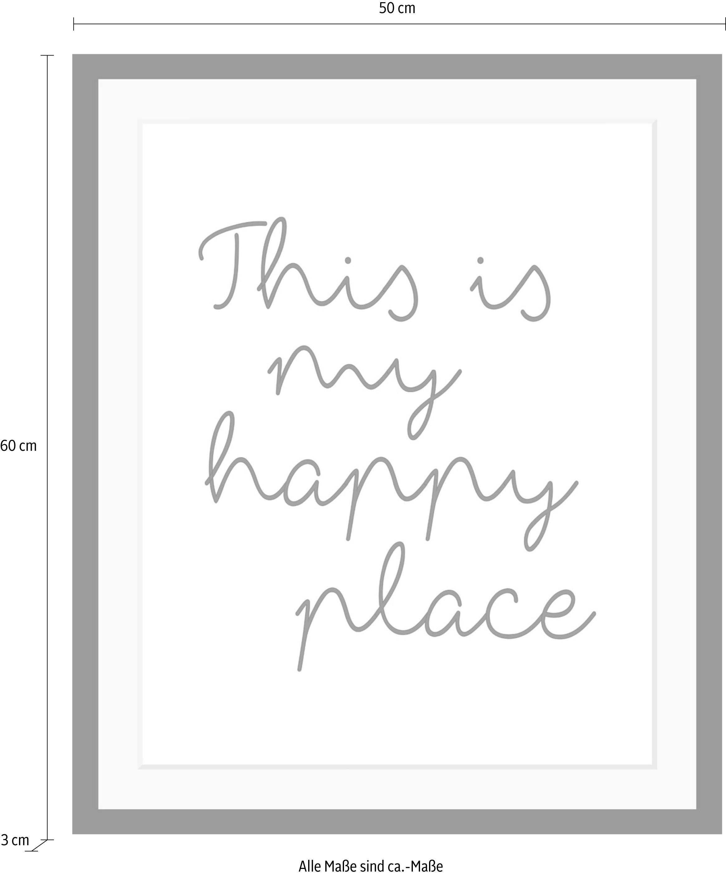 queence Bild »happy place«, Schwarz-Weiß-Schriftzug-Motivationsbilder-Fashion-Frau, HD Premium Poster-Druck inkl. Holzrahmen