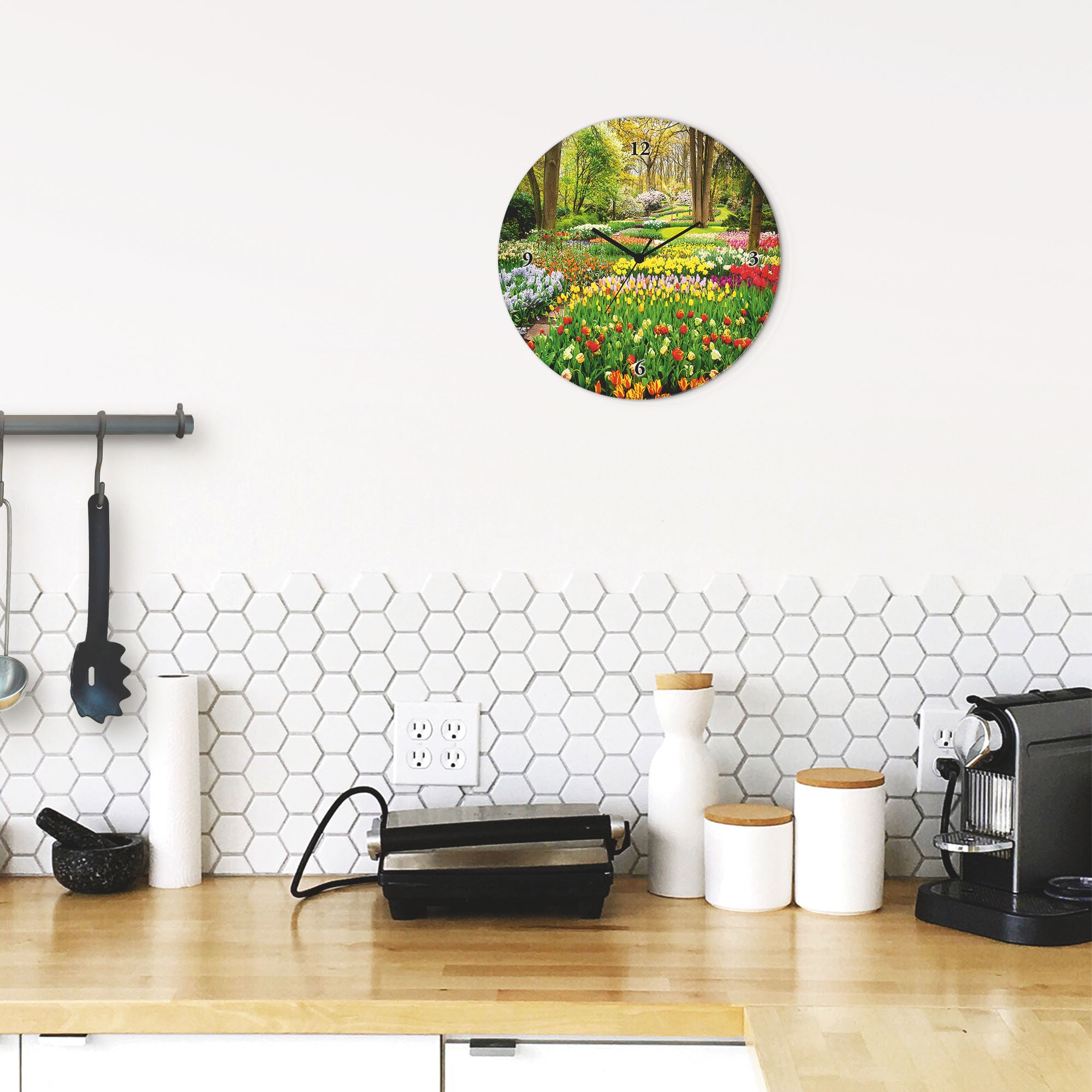 Artland Wanduhr »Glasuhr rund Tulpen Garten Frühling« wahlweise mit Quarz- oder Funkuhrwerk, lautlos ohne Tickgeräusche