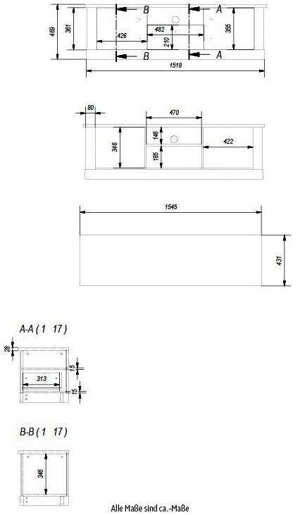 Home affaire Lowboard »RAVENNA«, im romantischen Landhausstil, Griffe aus Metall, Breite 155 cm