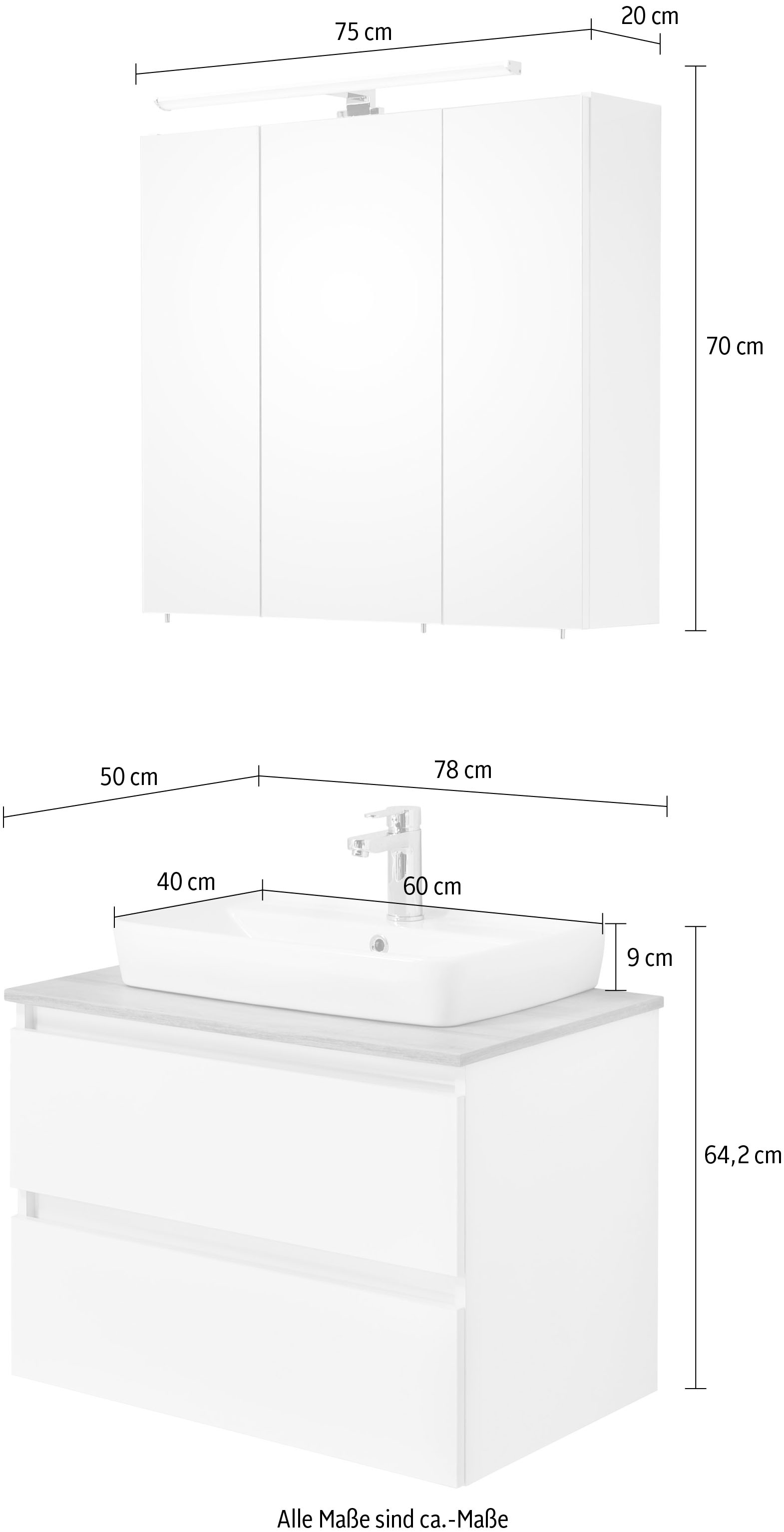 Saphir Badmöbel-Set »Quickset 360 2-teilig, Keramik-Aufsatzbecken mit LED-Spiegelschrank« 2 Stk. tlg.