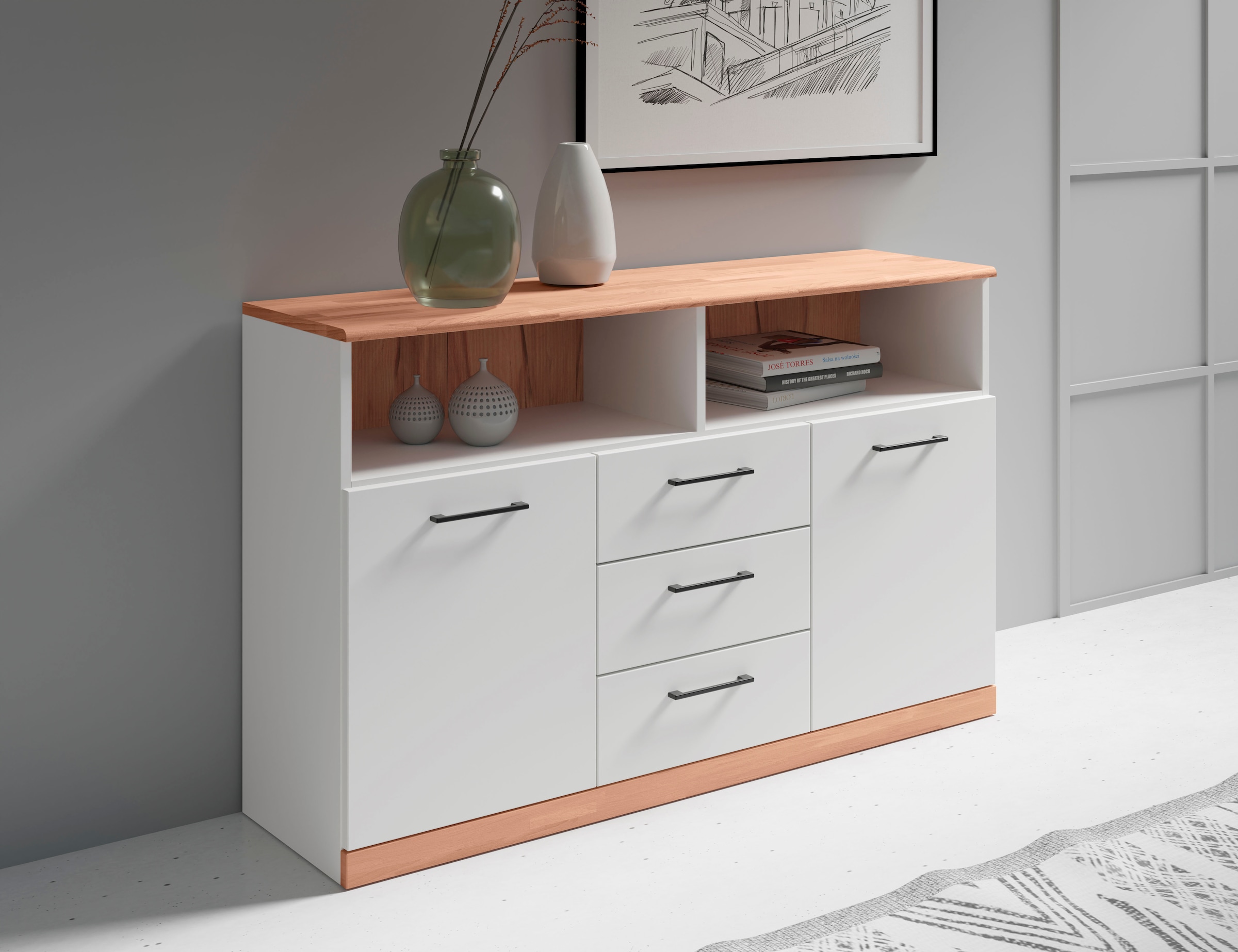 Home affaire Sideboard »Ribe,130cm breit,80cm hoch,Oberplatte Holz massiv,6 Fächer«, Oberplatte Kernbuche massiv,schwarze Metall Griffe