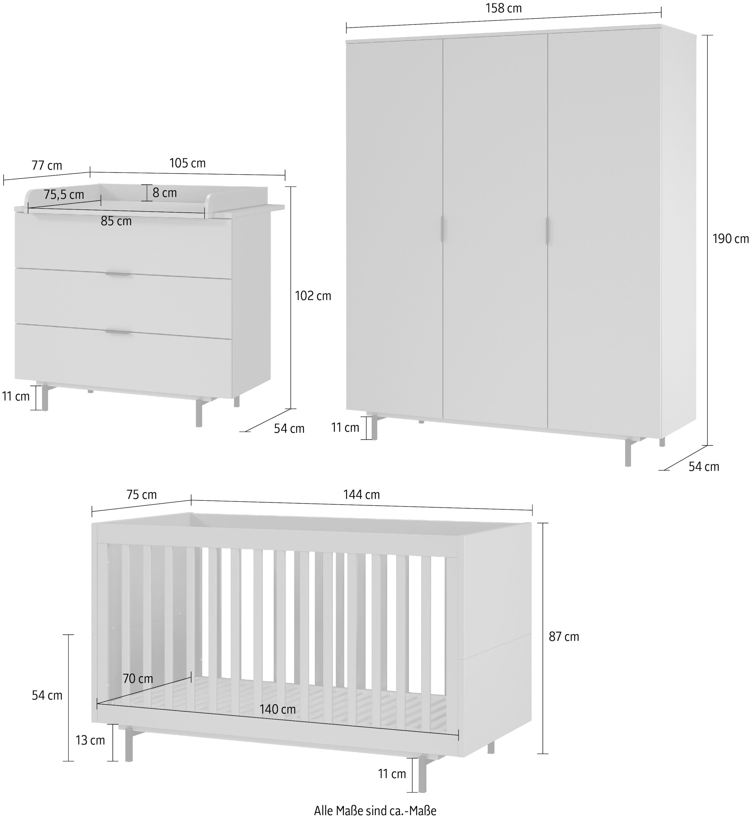 GERMANIA Babymöbel-Set »Tomino«, (Set, 4 tlg.), modernes Design, mitwachsendes Komplett-Set mit großem Schrank