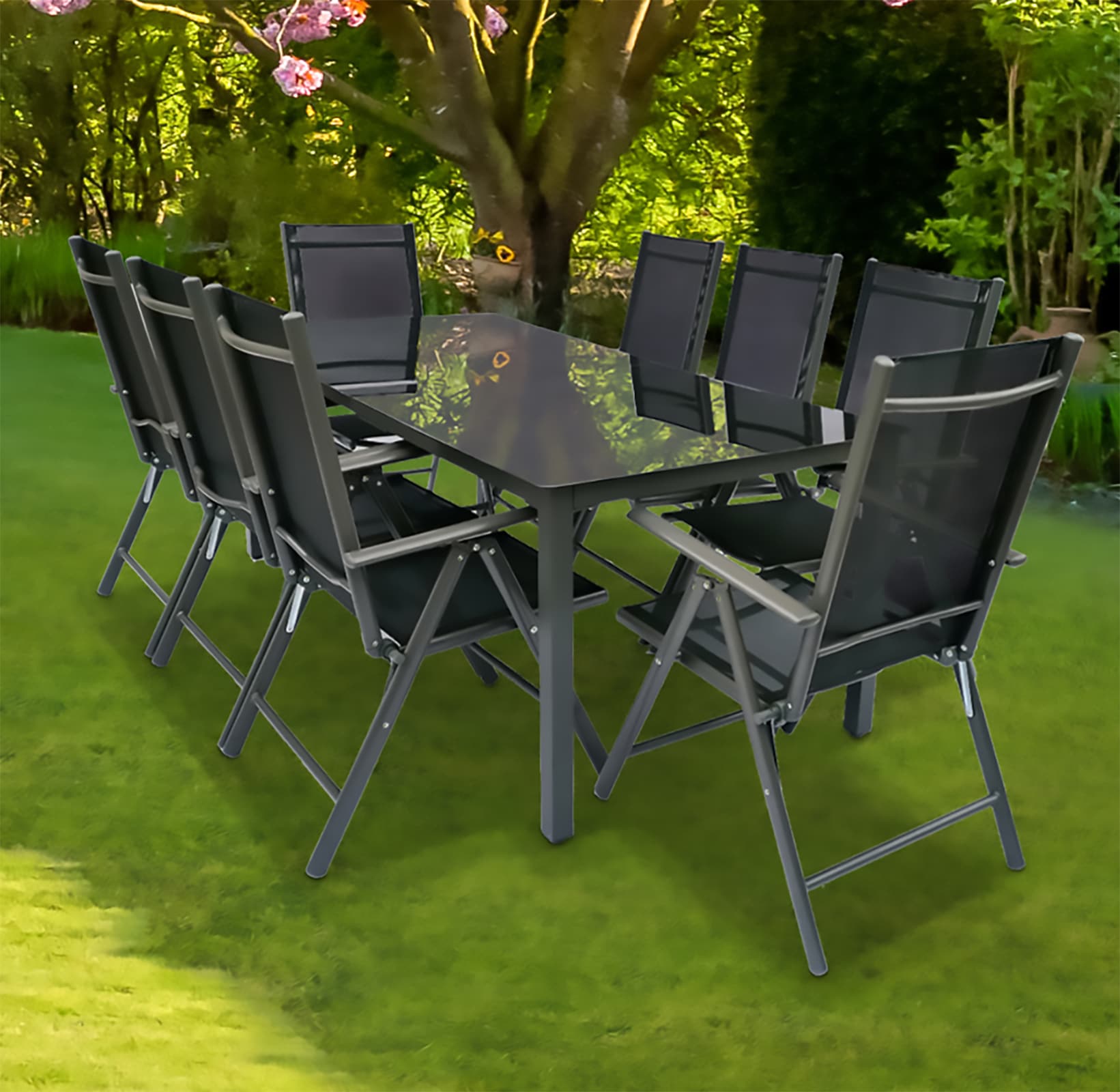 VCM Garten-Essgruppe »VCM 9-tlg Gartenmöbel Set | Sitzgruppe Essgruppe | 1xTisch, 8x Stühle | Tisch Maße ca. H. 76 x B. 190 x T. 80 cm | Garten Set ¿ Stühle 190 SW«, (9 tlg., SW)