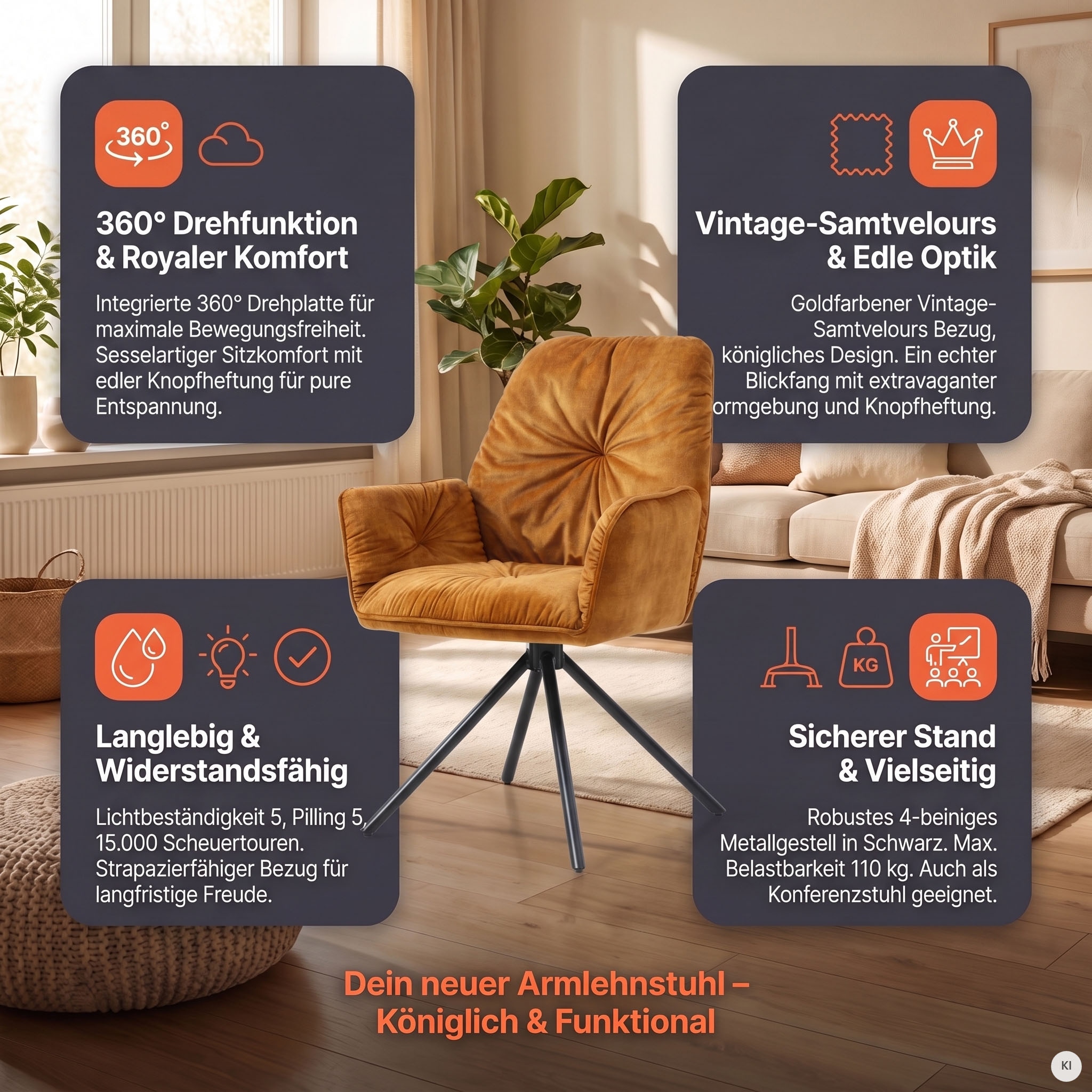 SalesFever Esszimmerstuhl »Ottawa Armlehnstuhl: Rückzugsort im Esszimmer« (Set) 1 Stk.360° Drehbarer Esszimmersessel mit Armlehnen - 1 Stück