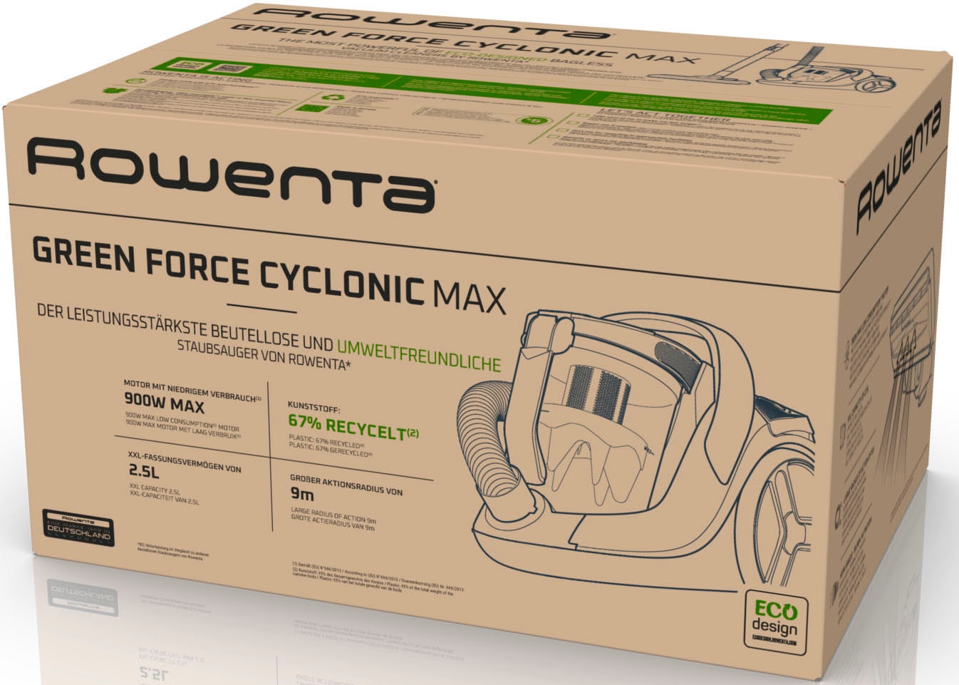 Rowenta Bodenstaubsauger »Green Force Cyclonic Max, beutellos mit XXL Fassungsvermögen, kompakt«, 750 W, beutellos, ECO-Design, sehr leise mit nur 73 dB(A), 99,98% Filtration, RO7B12