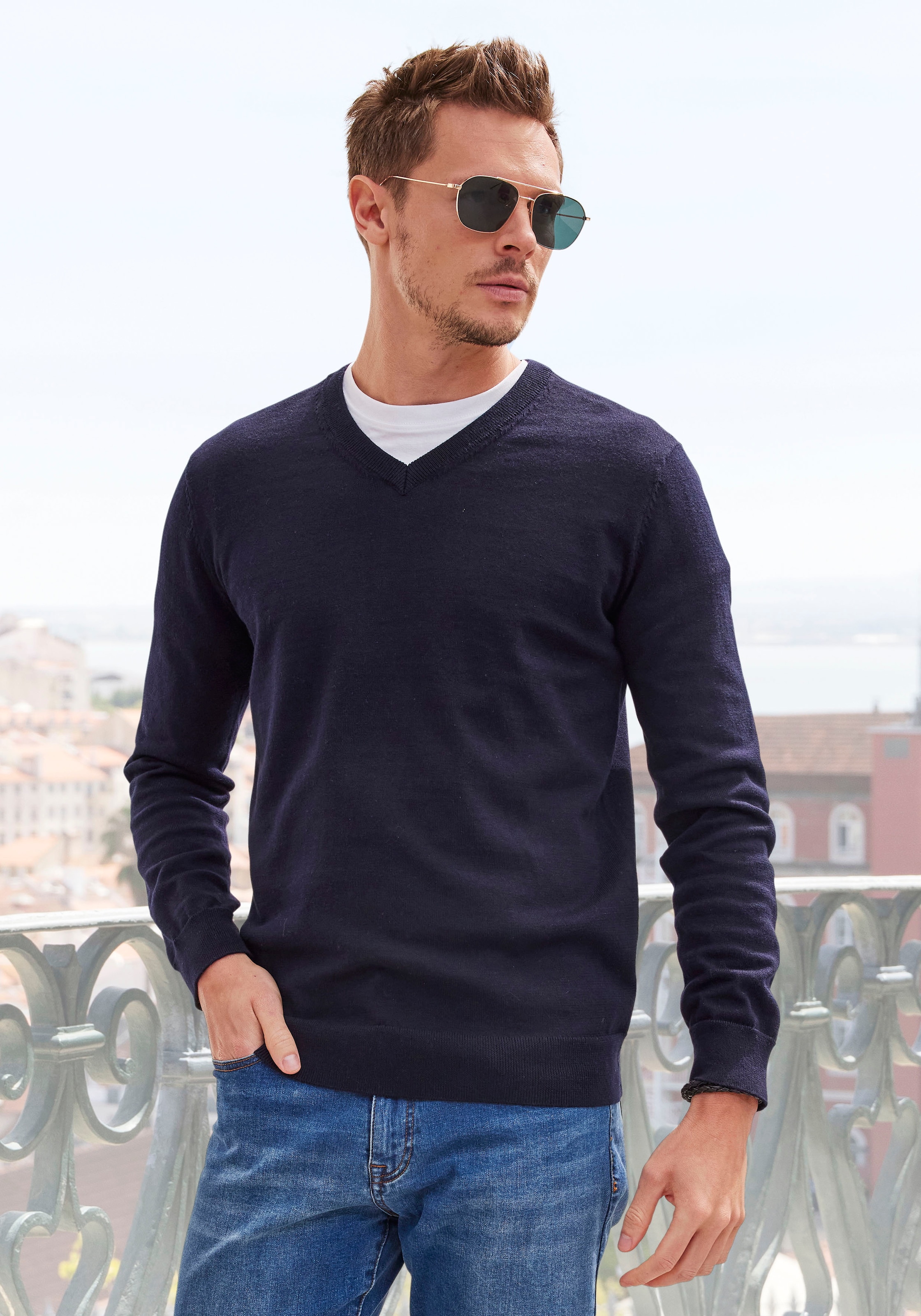 H.I.S Strickpullover mit V-Ausschnitt, Pullover aus Feinstrick, Baumwollmischung