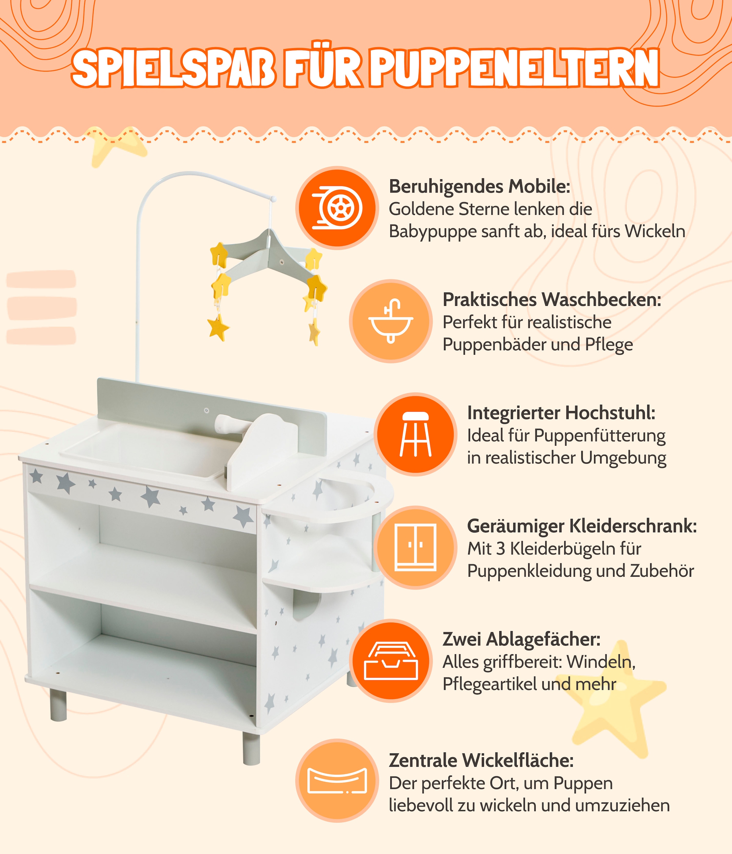 CHIC2000 Puppenwickeltisch »Puppen-Wickelstation Stars grey«, mit Mobile