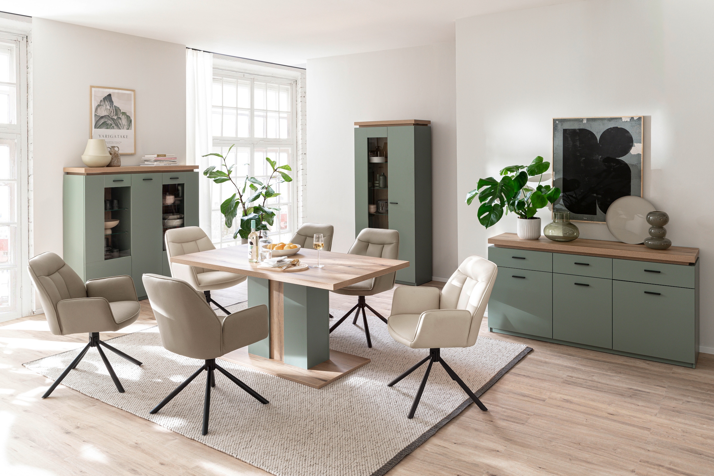 MCA furniture Highboard »MONIZ Highboard«, (1 St.), Hochkommode,Kommode,Eiche,Salbeigrün,3 Türen,gedämpft,Breite 138 cm