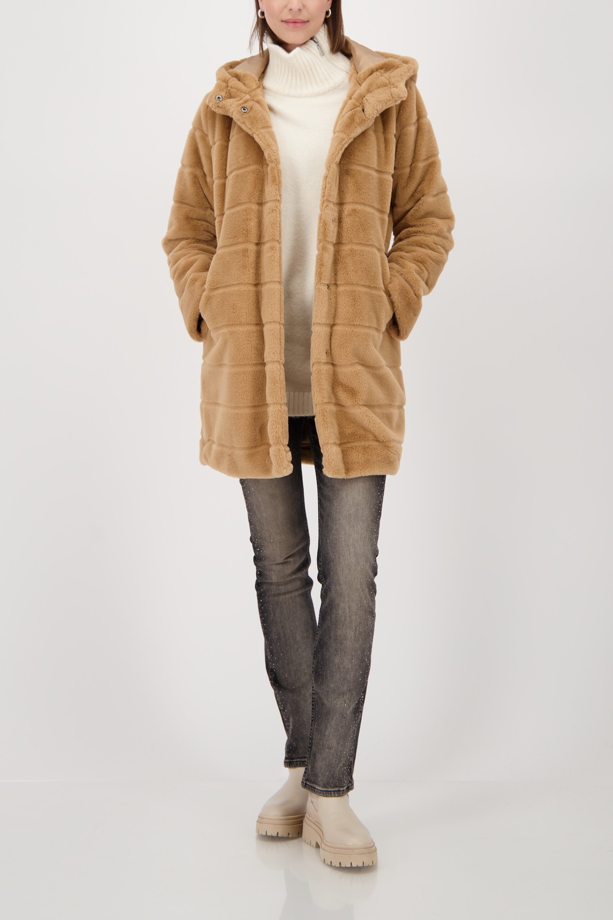 Monari Fellimitatmantel Regular fit mit Rundhalsausschnitt und Kapuze