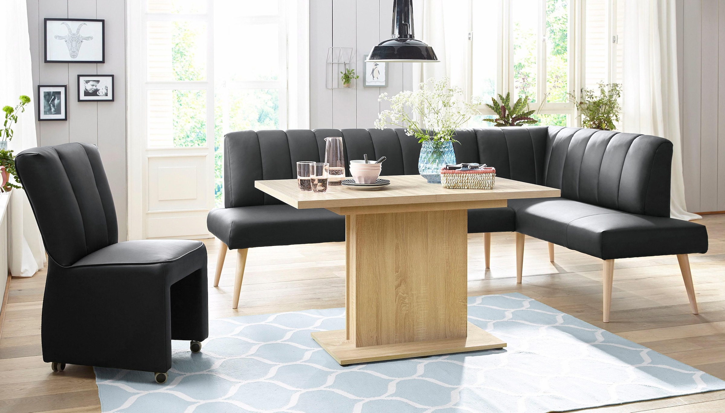 exxpo - sofa fashion Eckbank »Costa, moderne Rückensteppung, bequem und elegant, hoher Holzfuß«, hochwertig verarbeitet, Frei im Raum stellbar