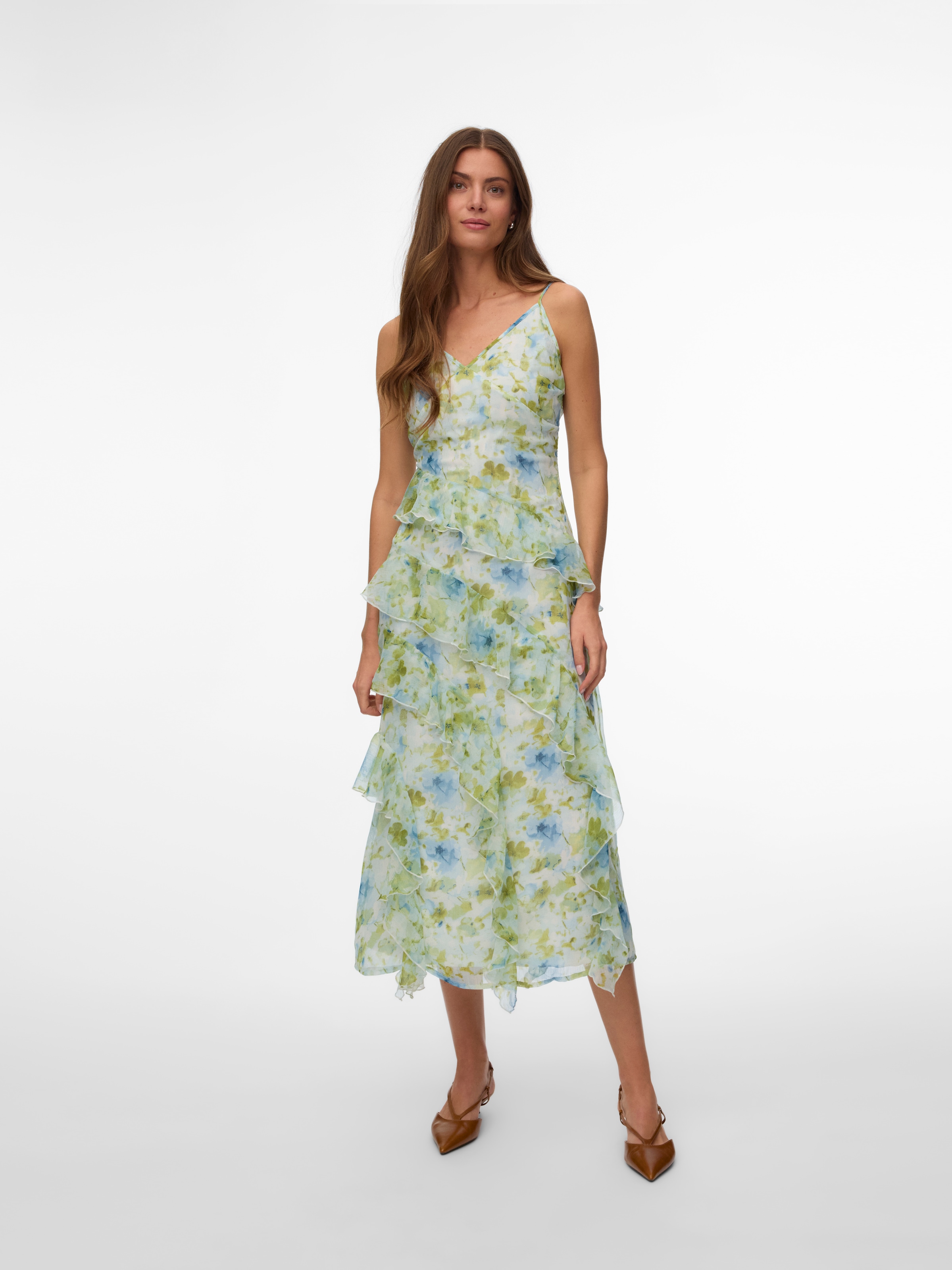 Vero Moda Trägerkleid »VMSMILLA S/L V-NECK LONG FRILL DRESS WVN« Kunstfaser