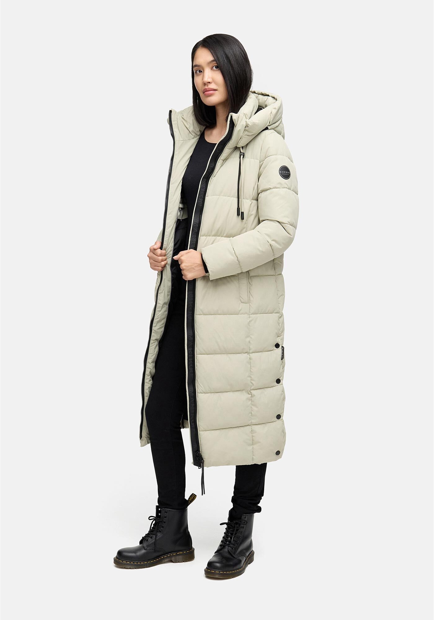 Marikoo, Damen, Winterjacke » Nadeshikoo XVI Damen lange Winter Steppjacke B985«, Pebble Grey, XL, Pebble Grey, Extra langer Damen Winter Parka der 