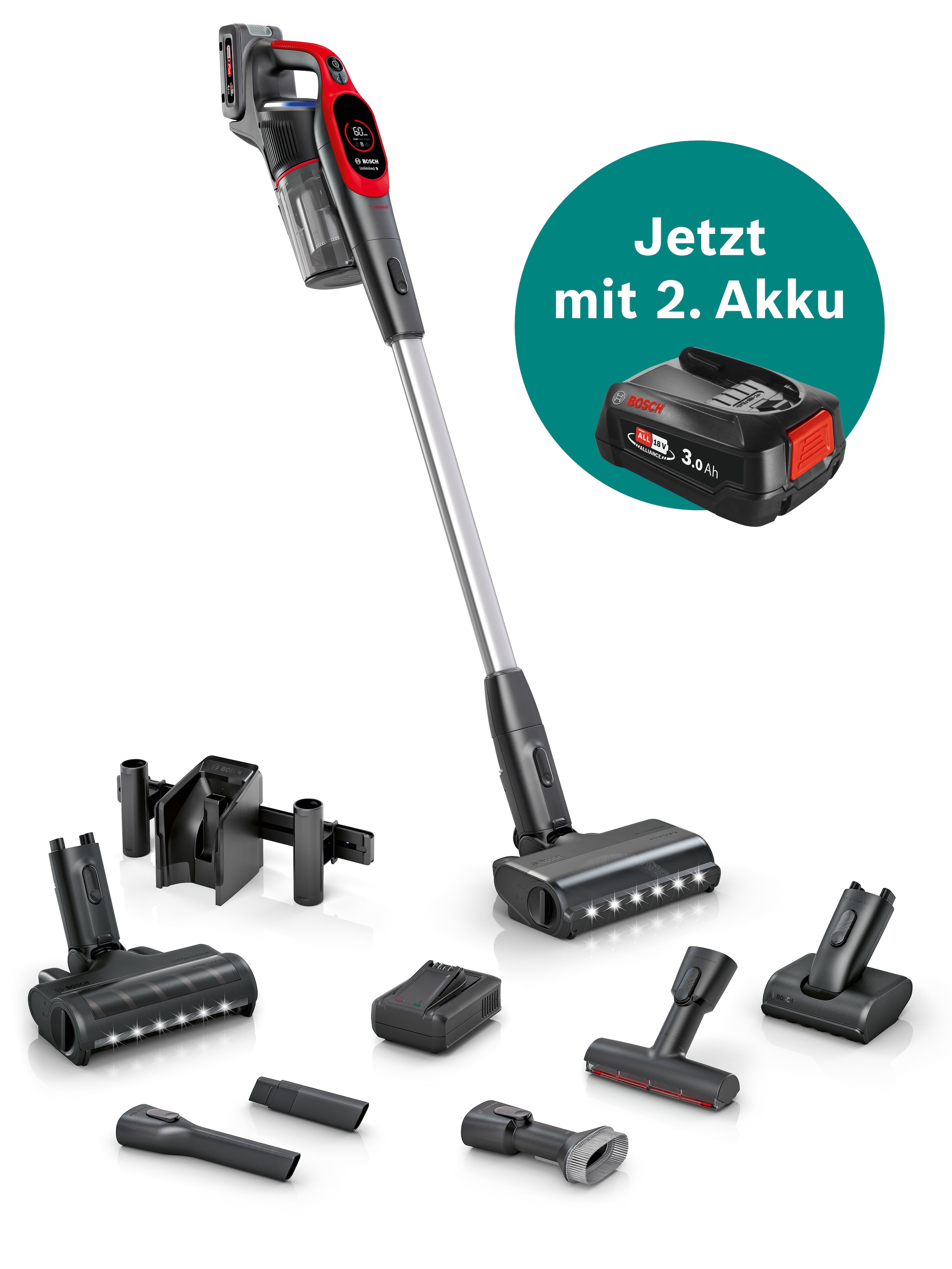 BOSCH Akku-Stielstaubsauger "Unlimited 9 ProAnimal BKS941PET, MicroClean™ Technology" HEPA-Filtersystem, 10 Jahre Motorgarantie, Schnellladegerät, LED Licht