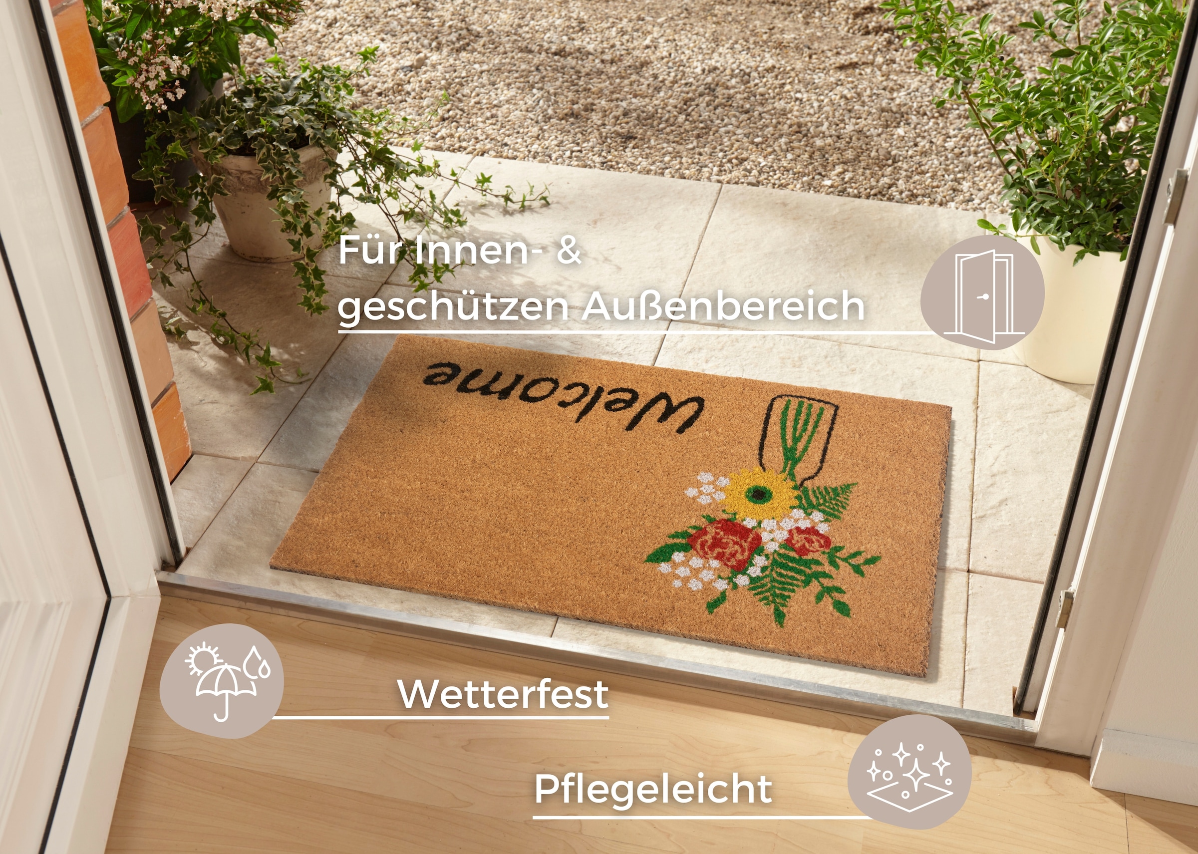 HANSE Home Fußmatte »Welcome & Flowers, Türmatte«, rechteckig, 15 mm Höhe, Kokos, Schmutzfangmatte, Outdoor, Rutschfest, Innen, Kokosmatte, Flur