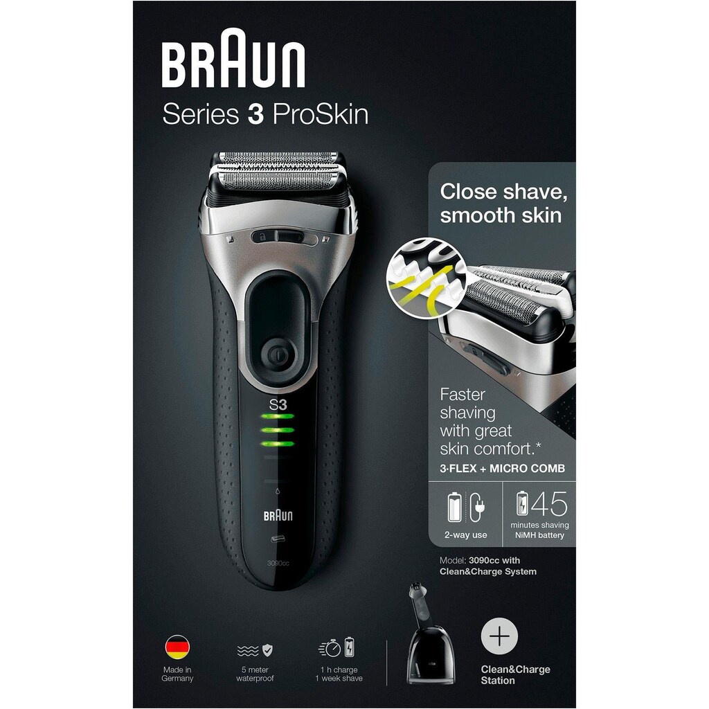 Braun Elektrorasierer »Series 3 ProSkin 3090c«, Clean&Charge-Station
