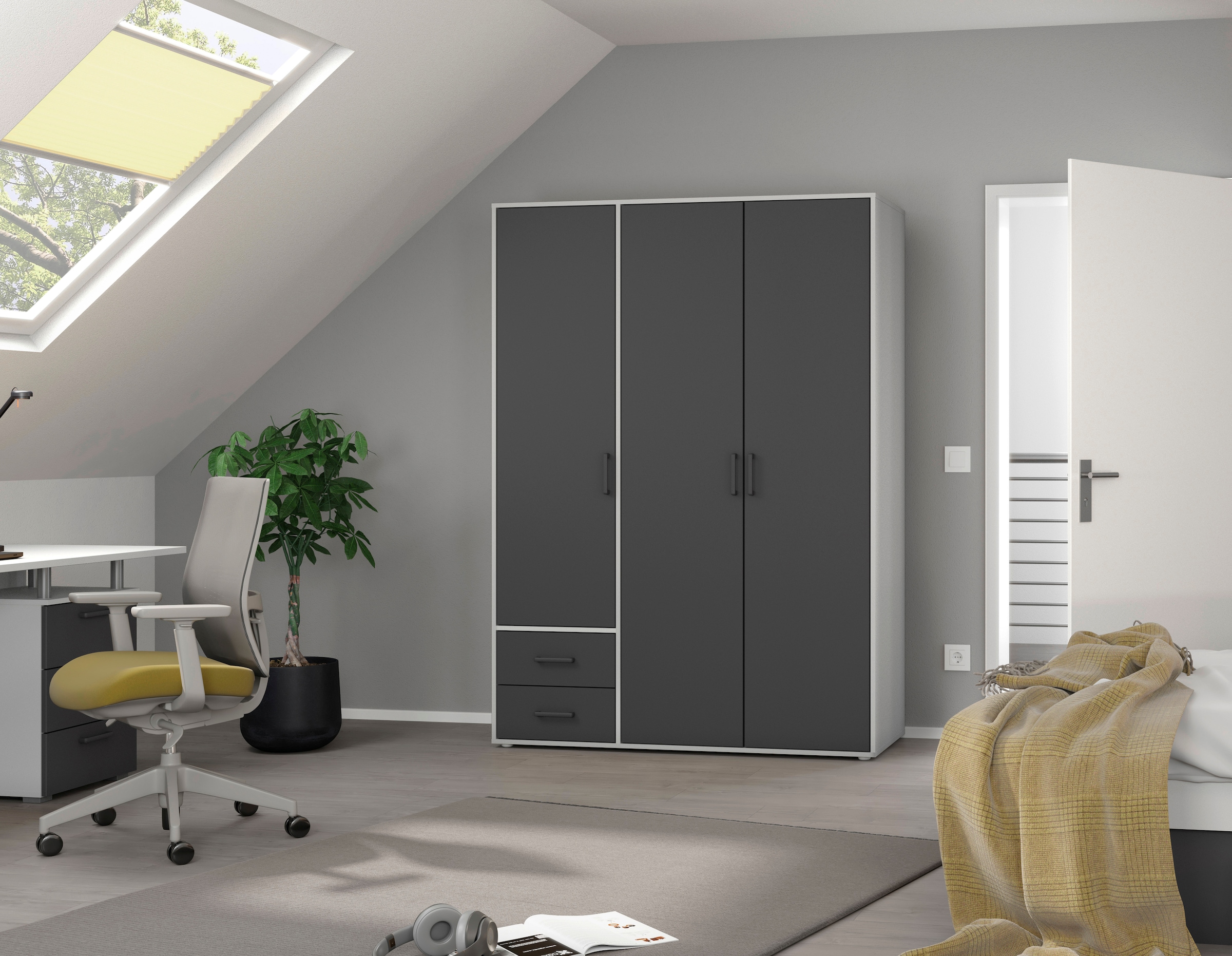 rauch Drehtürenschrank »Kleiderschrank Schrank Garderobe Wäscheschrank VOYAGER«, (in 3 verschiedenen Ausstattungen BASIC/CLASSIC/PREMIUM), moderne Griffe in Graumetallic mit Außenschubkästen MADE IN GERMANY