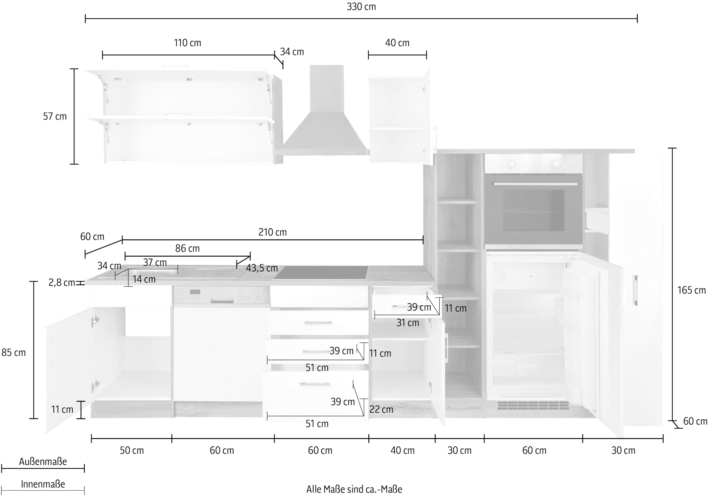 KOCHSTATION Küchenzeile »KS-Colmar« mit E-Geräten, Breite 330 cm