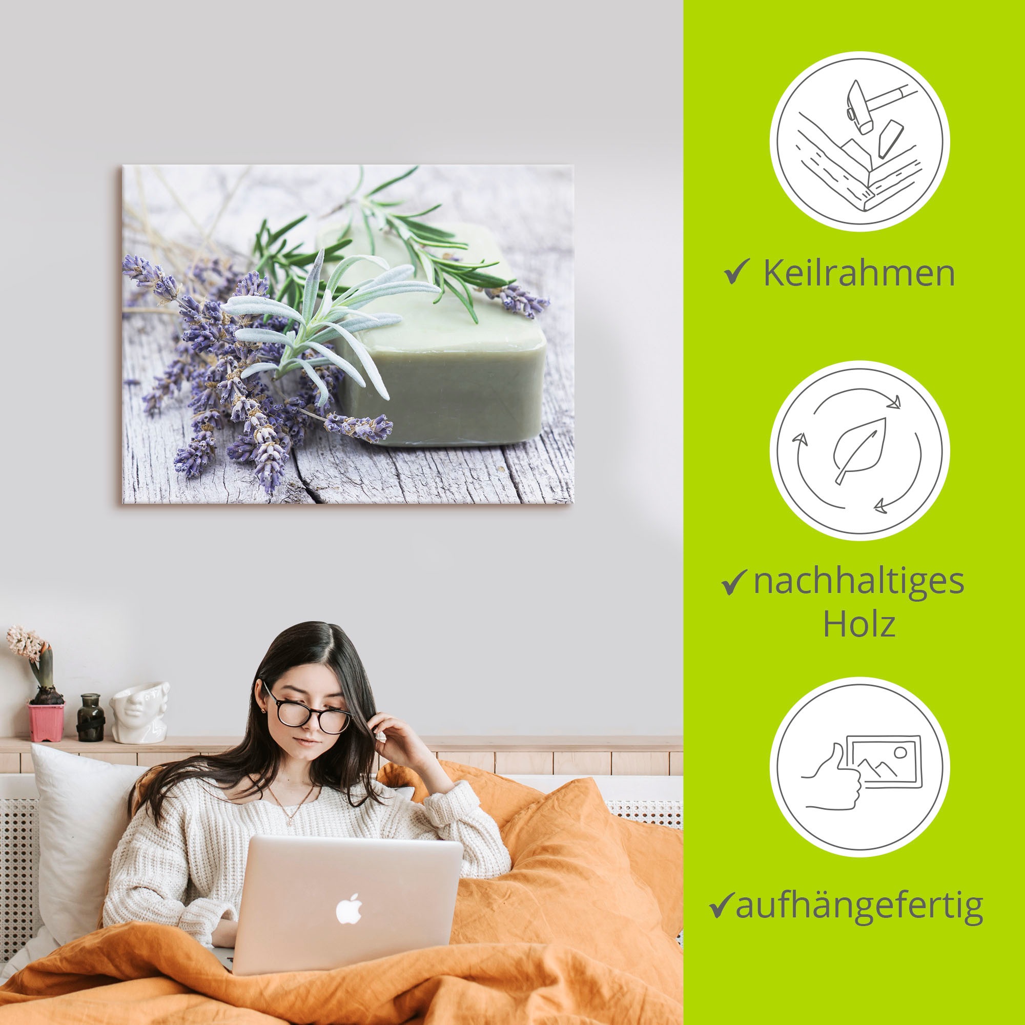 Artland Wandbild »Stück natürlicher Seife mit Kräutern«, Spa, (1 St.), als Leinwandbild, Poster, Wandaufkleber in verschied. Größen