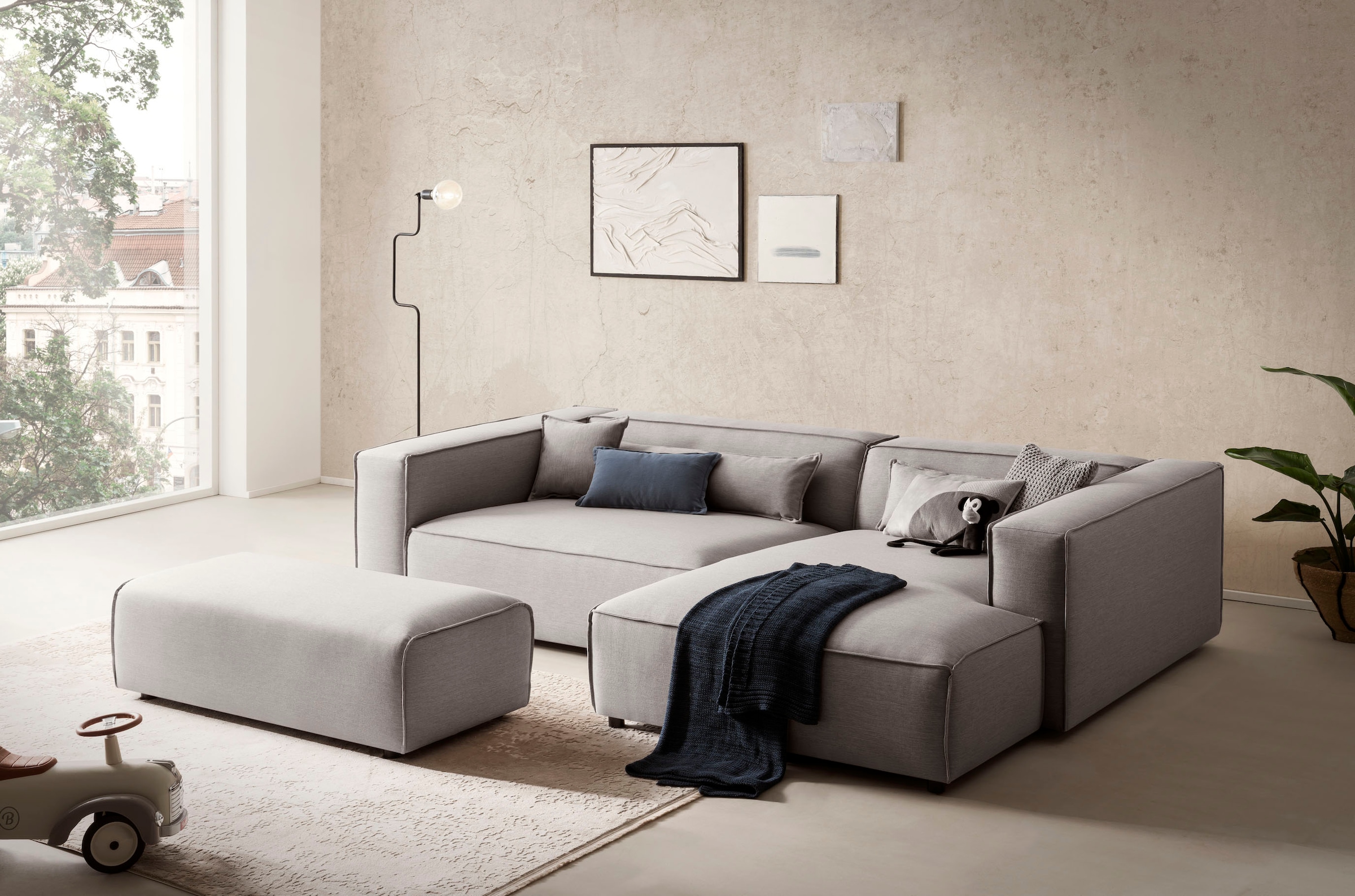 LeGer Home by Lena Gercke Ecksofa »PIARA XXL, L-Form, Schlaffunktion, Cord, Leinenoptik o. Strukturstoff« Hocker stellbar zum Schlafsofa (Krokodilverbinder), tiefe Sitzfläche