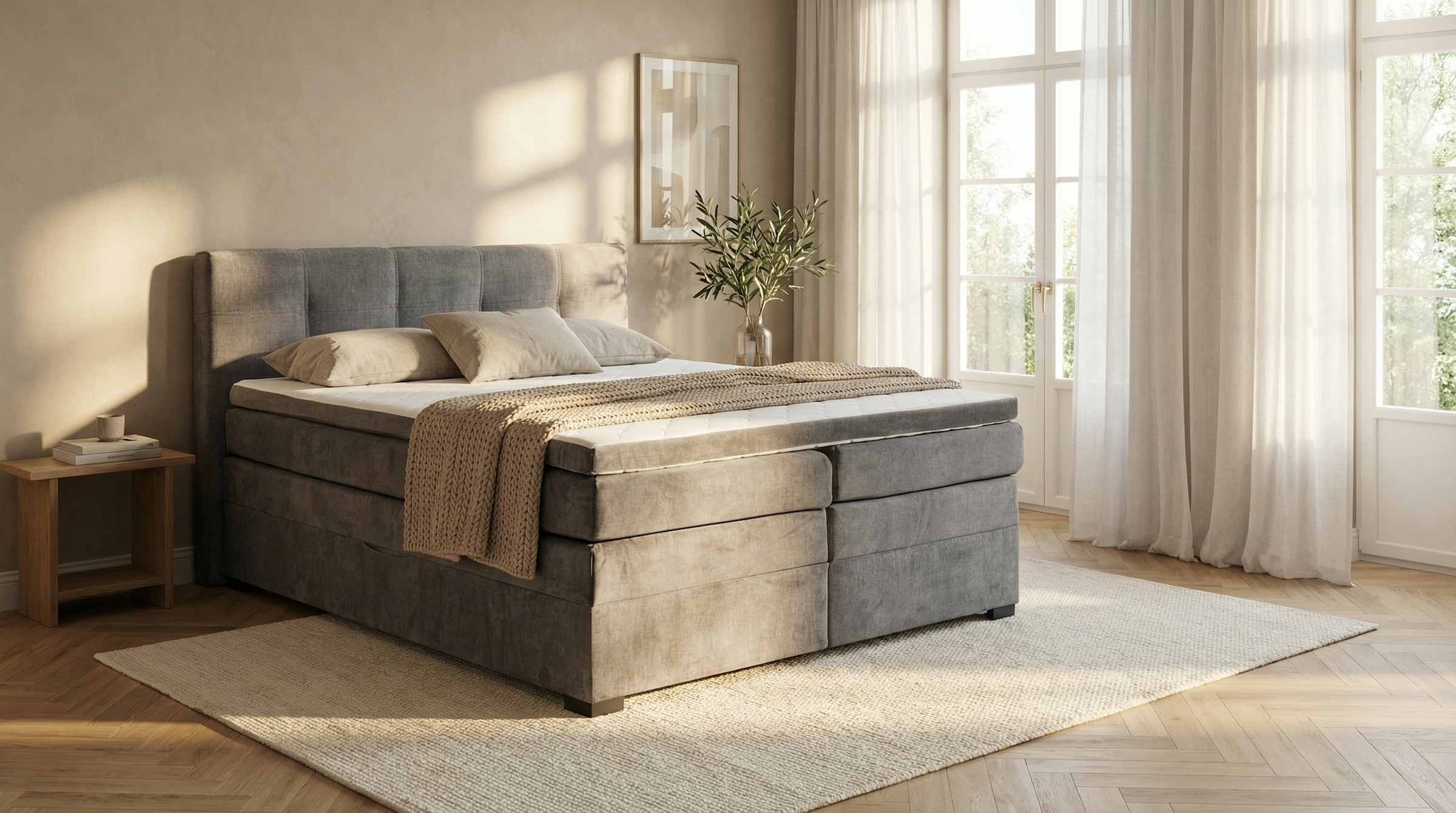 ED EXCITING DESIGN Boxspringbett »Fanes mit Komforteinstiegshöhe von 73cm« erhältlich in 180x200cm, inkl. Bettkasten und 7cm Visco-Topper