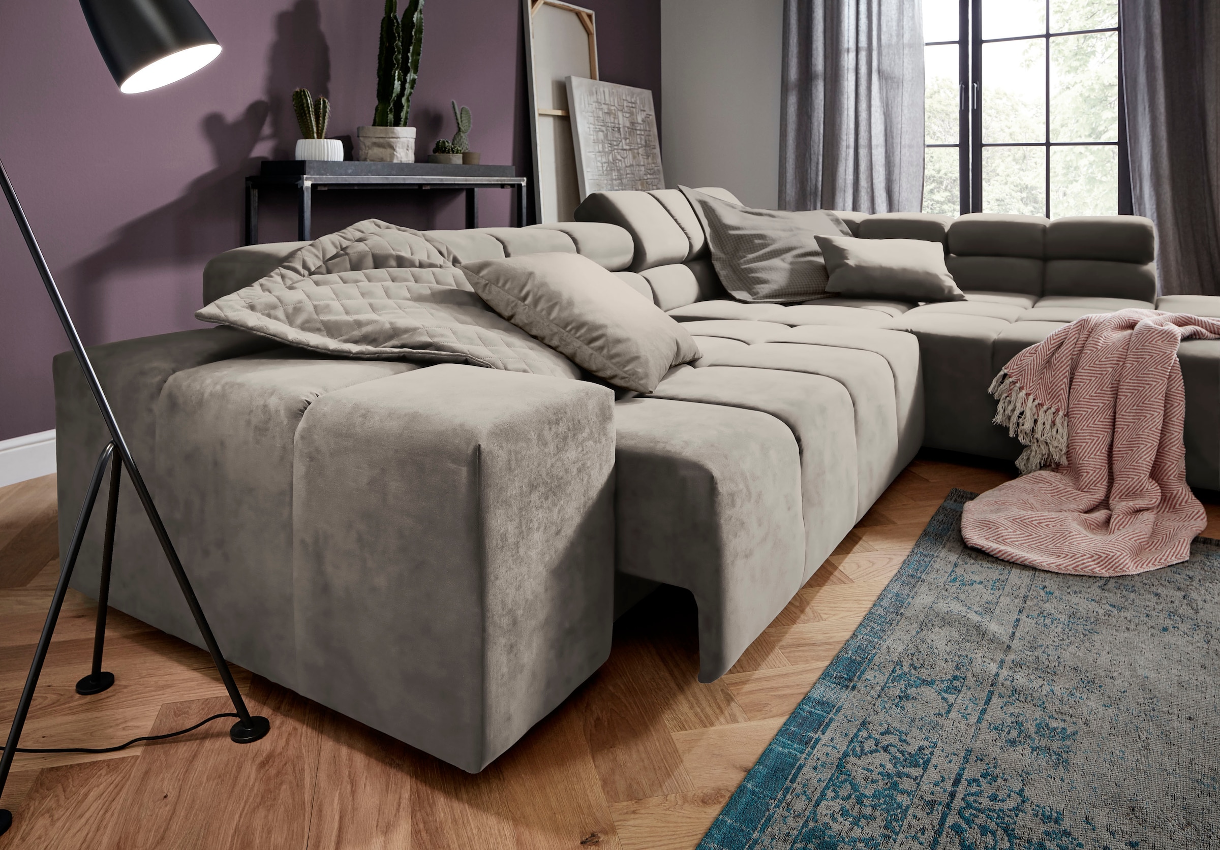 INOSIGN Ecksofa »Ancona incl. Kopfteilverstellung, Zierkissen Breite 319cm, L-Form«, wahlweise motorische Sitztiefenverstellung, auch in Cord + Easy Care