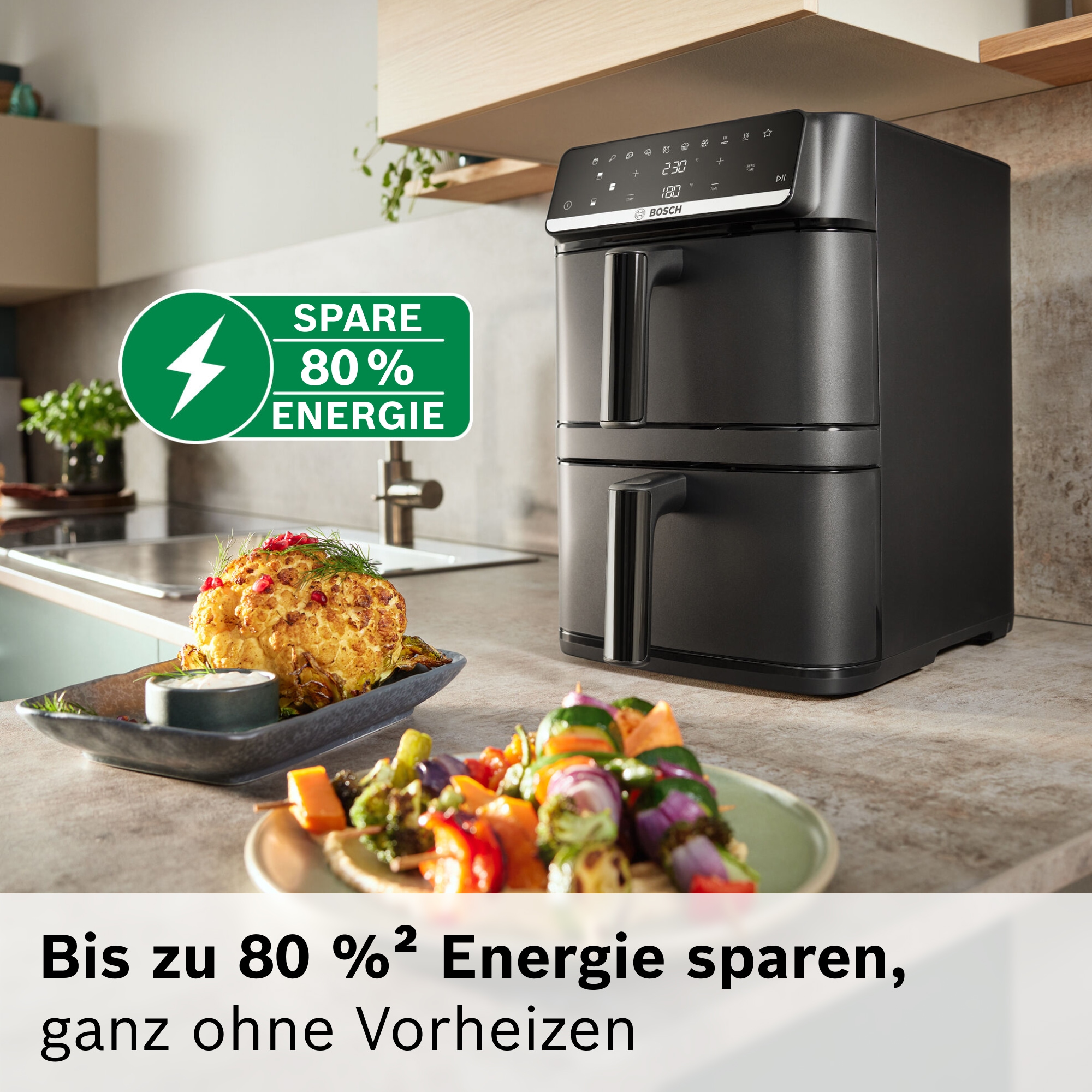 BOSCH Heißluftfritteuse »Serie 6 MAFD661B0, XXL Heißluftfritteuse, 12L, PFAS frei, Doppelkammer« 2800 W platzsparend, einfache Reinigung, weniger Fett, 6 Programme, schwarz