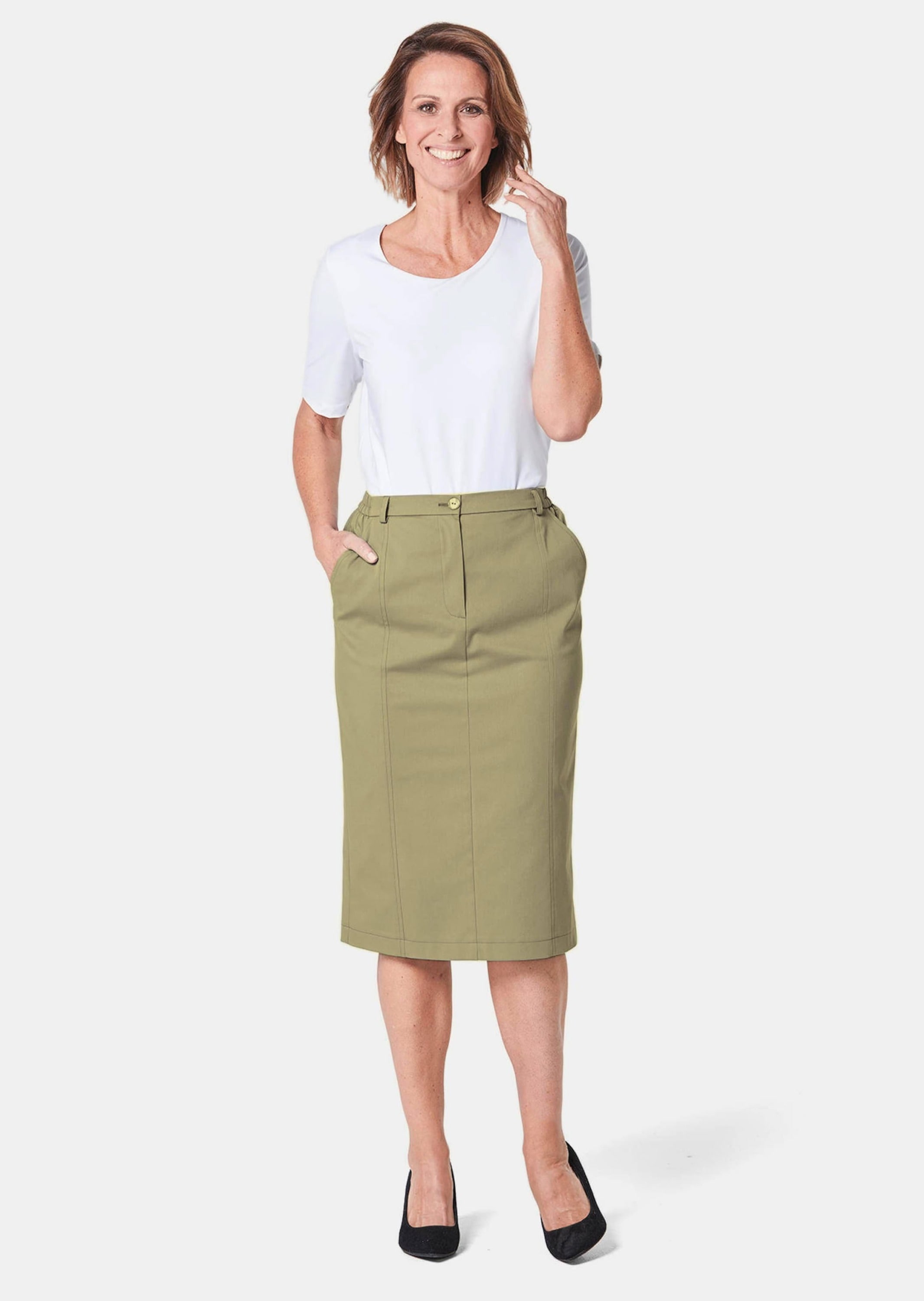 GOLDNER Midirock »Kurzgröße Sportlich eleganter Satinrock« Schmale, streckende Form