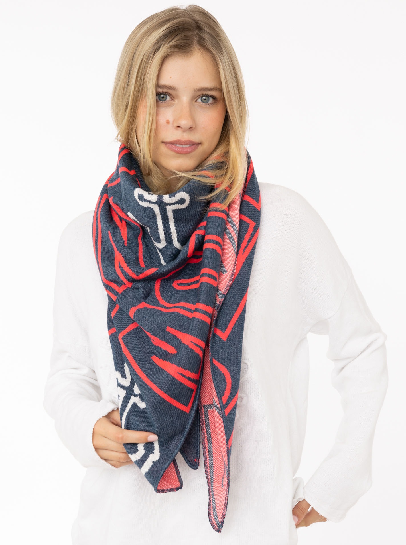 Zwillingsherz, Damen, »"Anker Moin"« Küstenfeeling, Baumwollmischung, Feinstrick, Schriftzug, maritim, Jeansblau, Jeansblau, Dreieckstuch von 