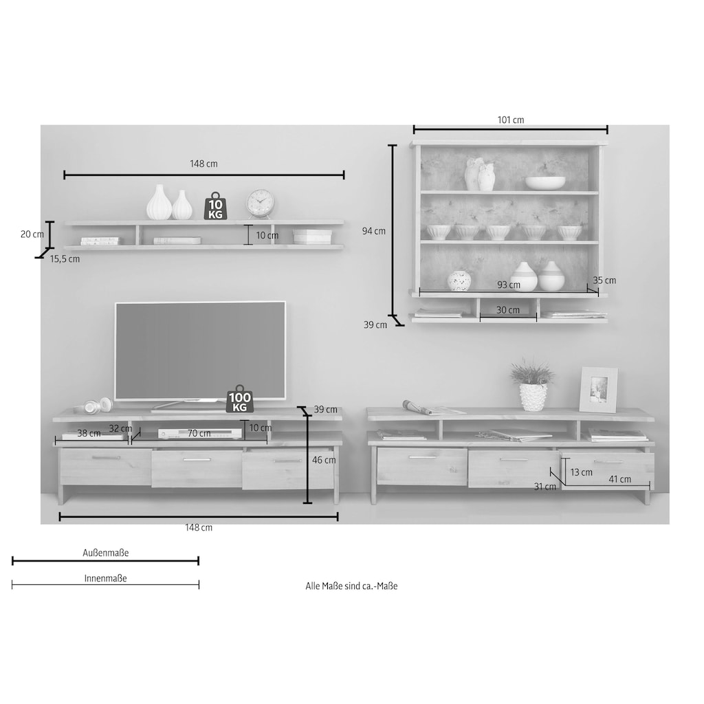 Home affaire Wohnwand »Ixo«, (Set, 4 St.), aus massiver Kiefer