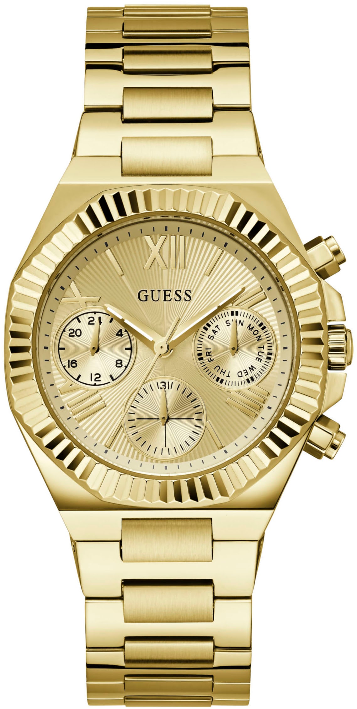 Guess Multifunktionsuhr »EQUALITY«, Quarzuhr, Armbanduhr, Damen, Herren, unisex, Datum, Edelstahlarmband