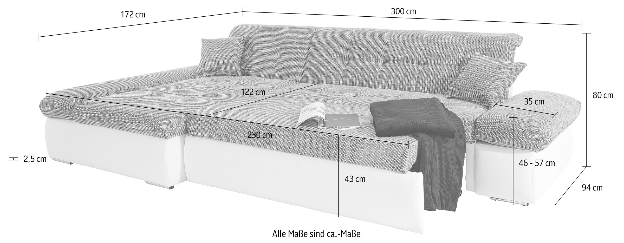 DOMO collection Ecksofa »Moric, L-Form, XXL-Sofa - Breite 300cm«, wahlweise mit Bettfunktion und Armteilverstellung, schwarz-weiß-grau