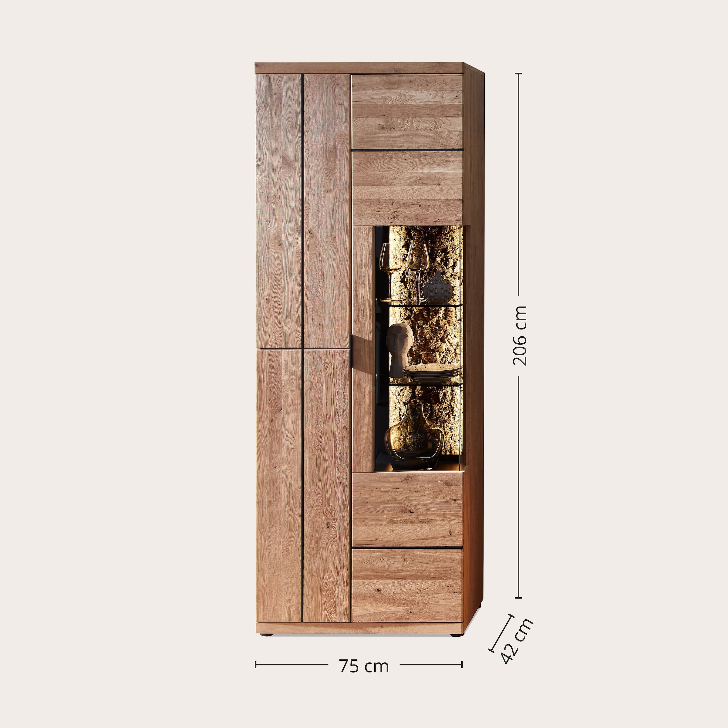 Wohnconcept Vitrine »Donna Vitrine, 75x207x42 (BxHxT)« 1 Stk. tlg. Beleuchtung  bestellbar, 3 türig, Echtkork Absetzung, L/R verwendbar
